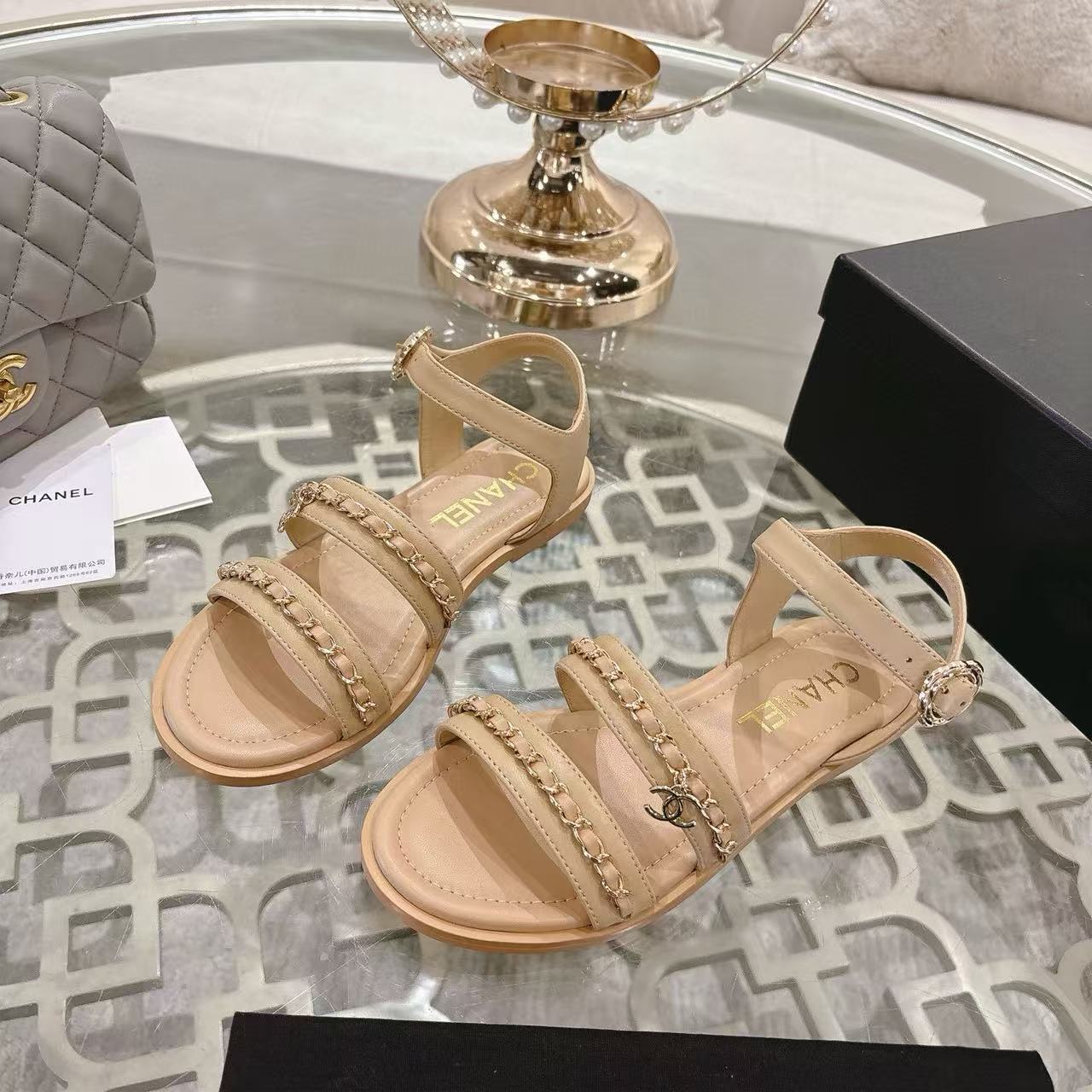 CHANE1 高品質シープスキンチェーンフラットサンダル【50％割引+送料無料】