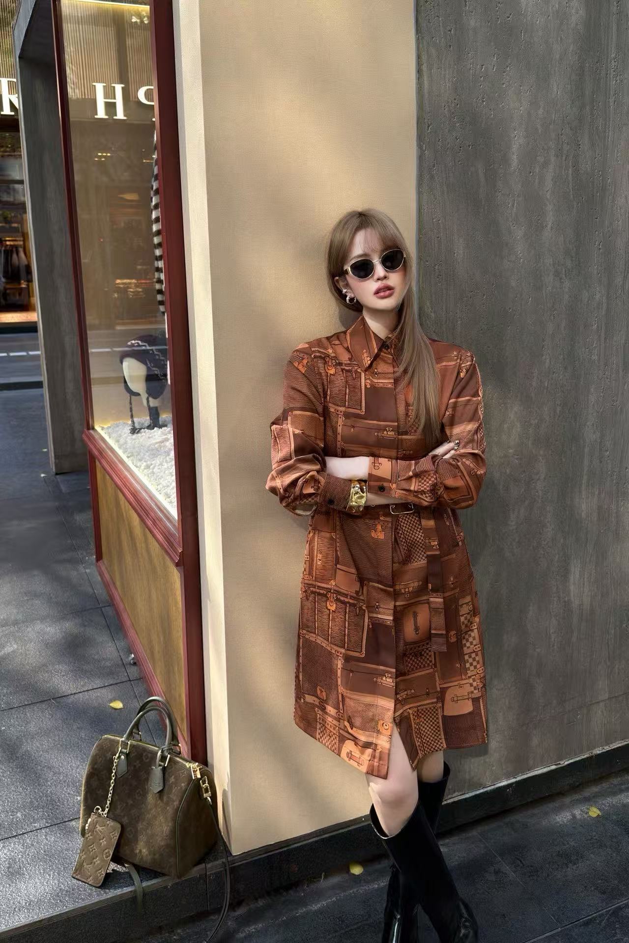 LVプリント ロングスリーブ ドレス【50％割引+送料無料】