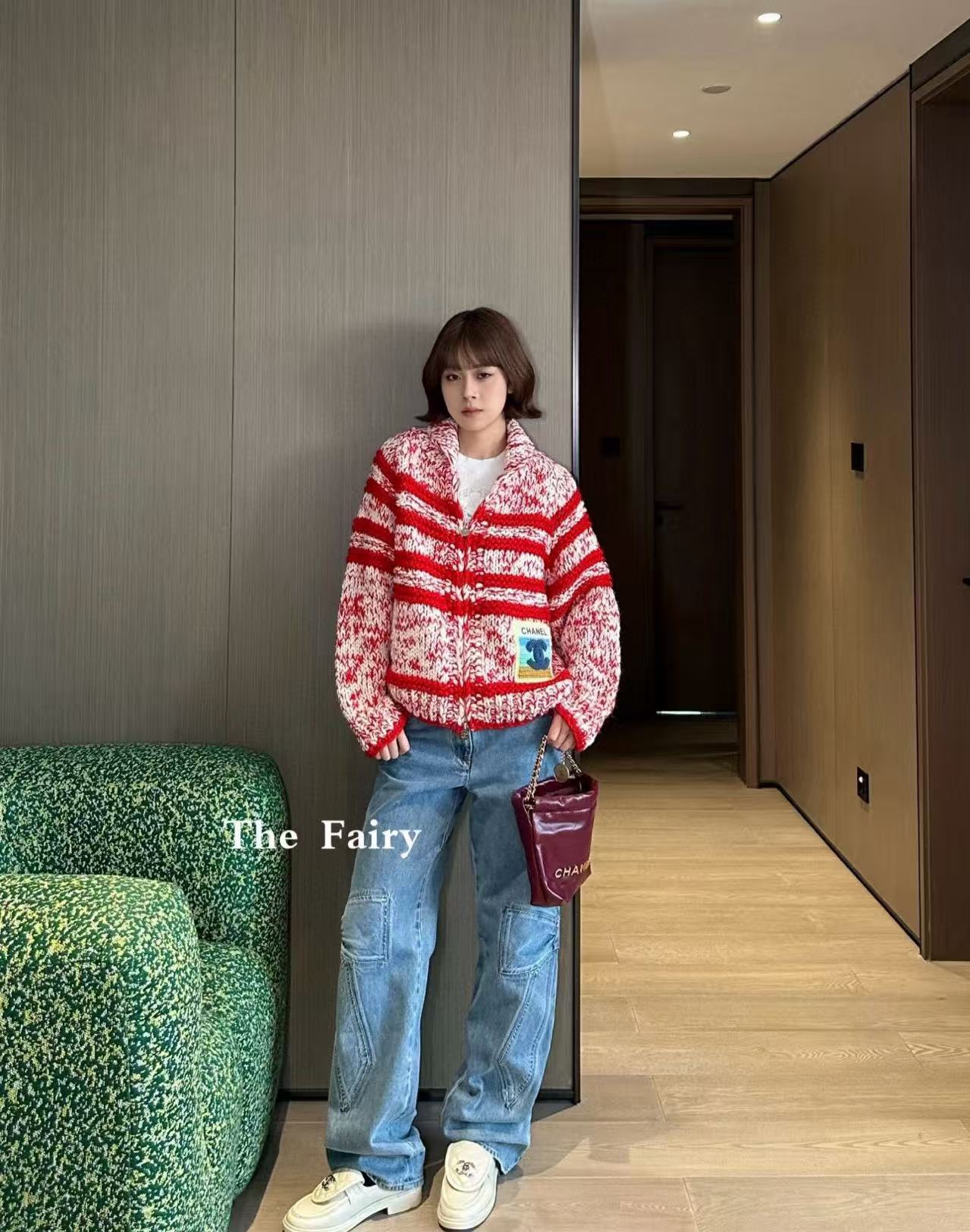 CHANE1 ダブルCジッパー ストライプウールカーディガン【50％割引+送料無料】