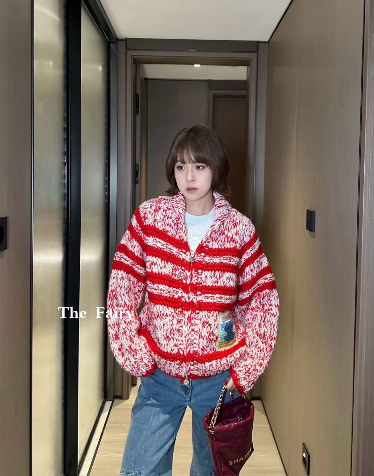 CHANE1 ダブルCジッパー ストライプウールカーディガン【50％割引+送料無料】