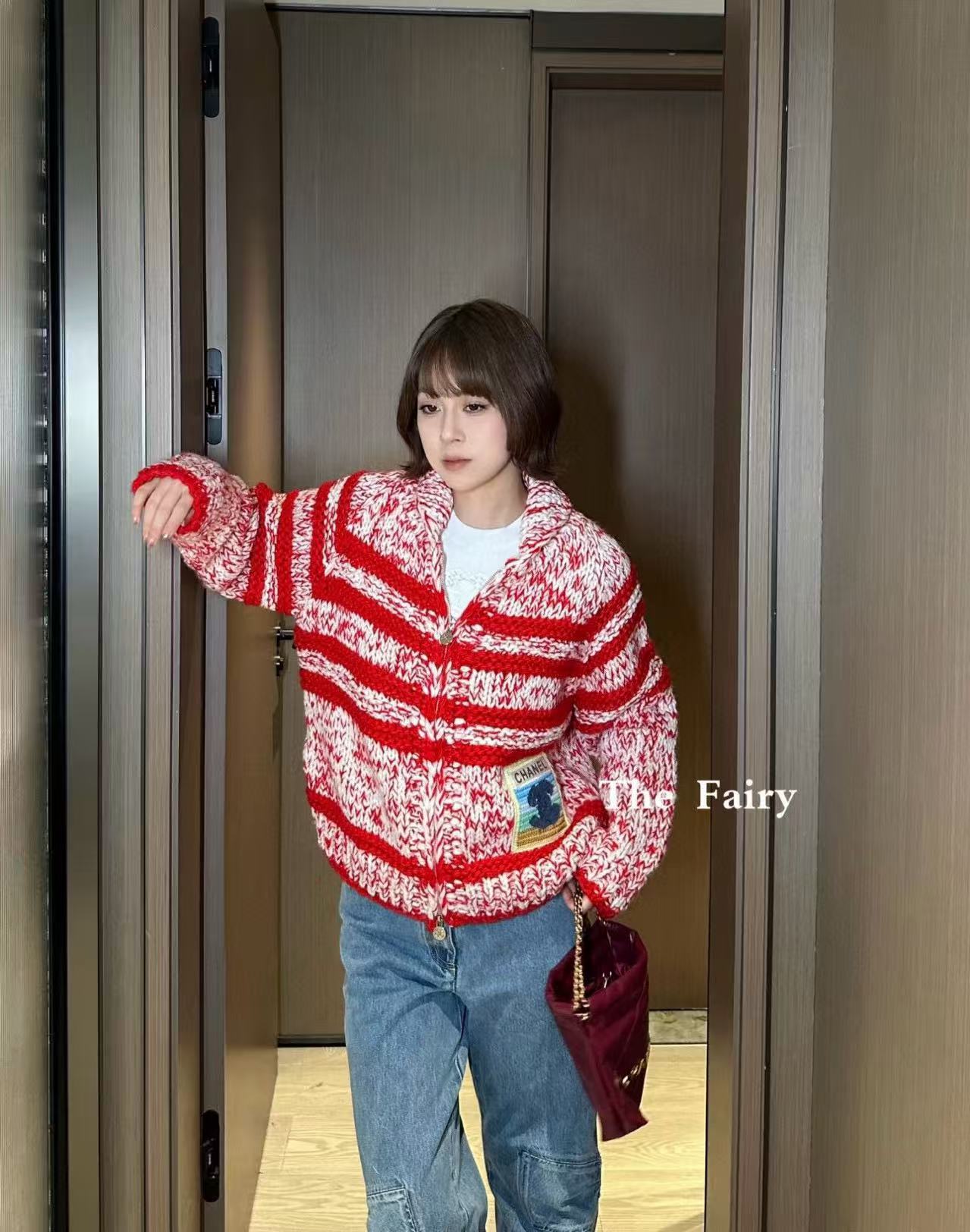 CHANE1 ダブルCジッパー ストライプウールカーディガン【50％割引+送料無料】