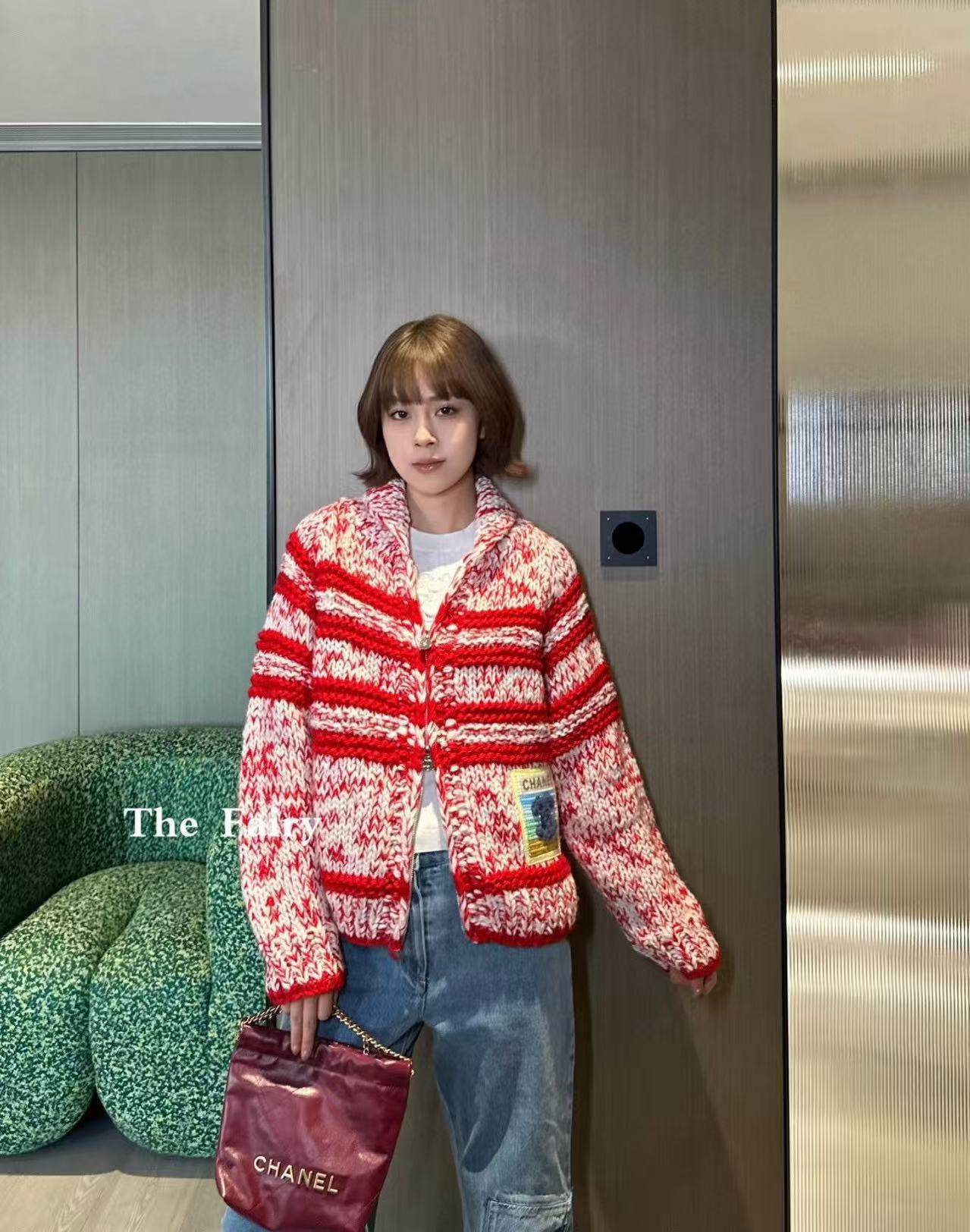 CHANE1 ダブルCジッパー ストライプウールカーディガン【50％割引+送料無料】