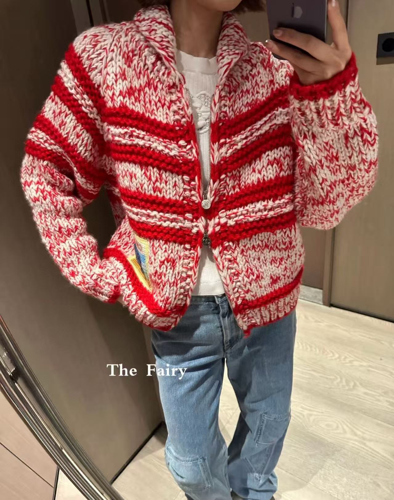 CHANE1 ダブルCジッパー ストライプウールカーディガン【50％割引+送料無料】