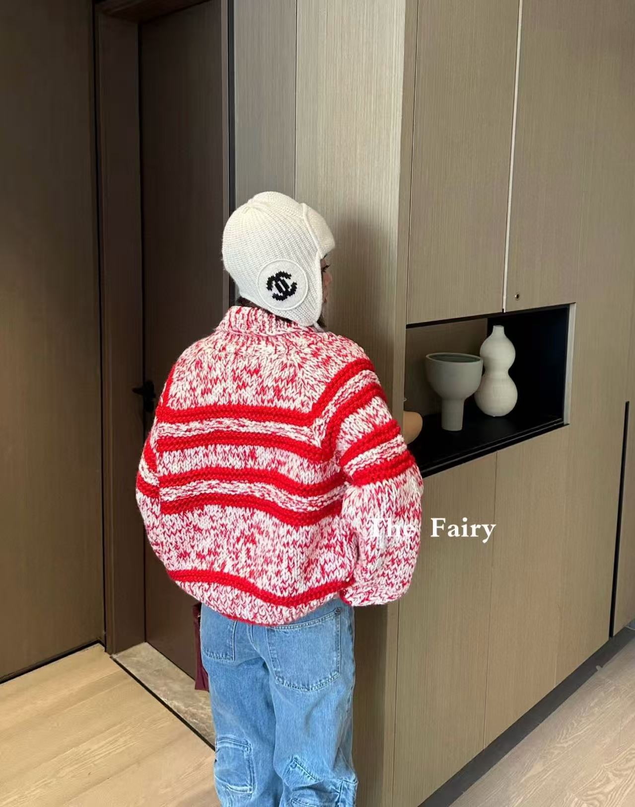 CHANE1 ダブルCジッパー ストライプウールカーディガン【50％割引+送料無料】