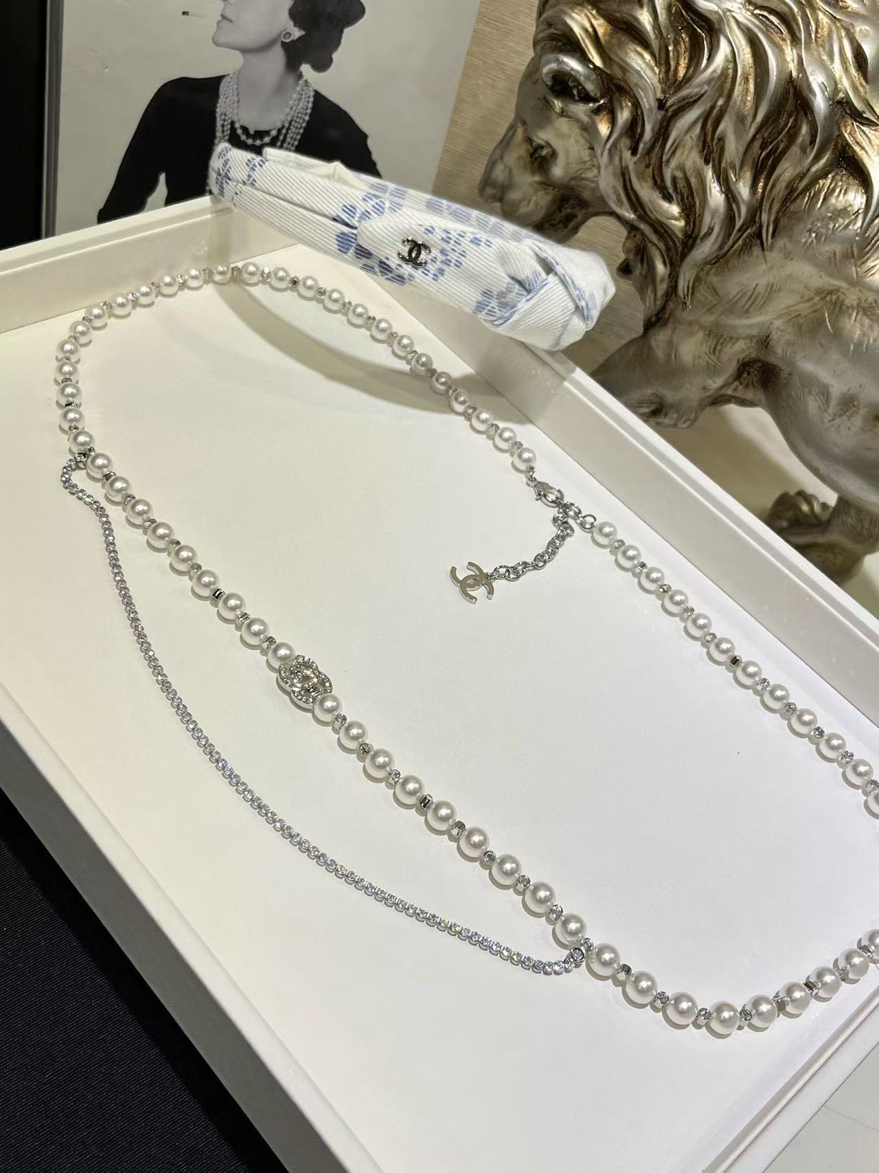 CHANE1 フルダイヤモンド ダブルC パール ウエストチェーン【50％割引+送料無料】