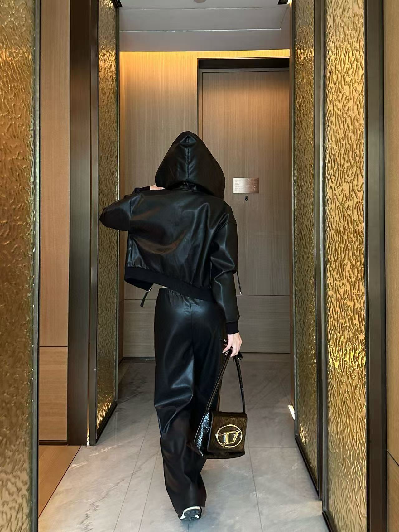 L0WEW フード付きレザージャケット + パンツ ツーピースセット【50％割引+送料無料】