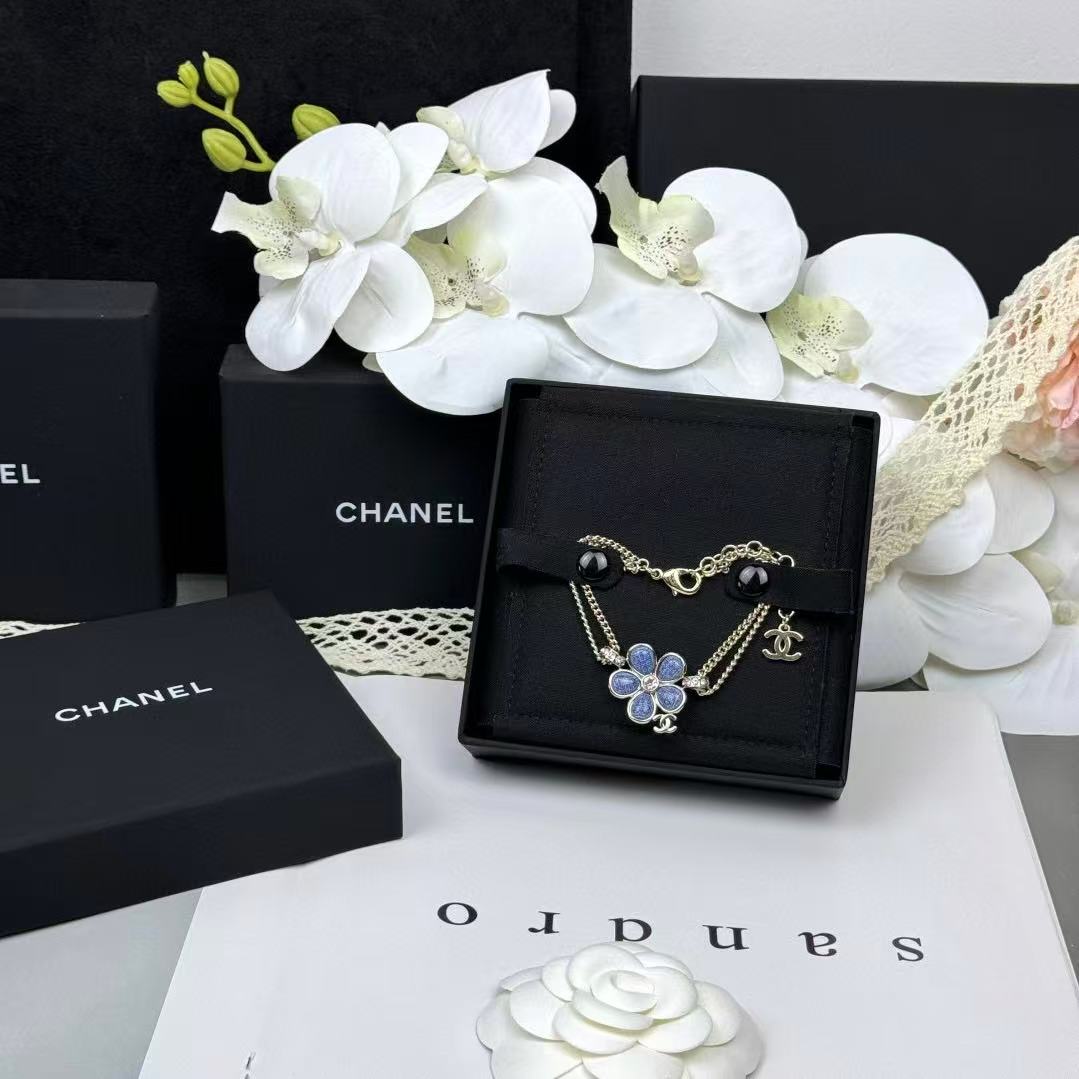 CHANE1 ブルーフラワー ダブルC ブレスレット + ネックレス 2点セット【50％割引+送料無料】