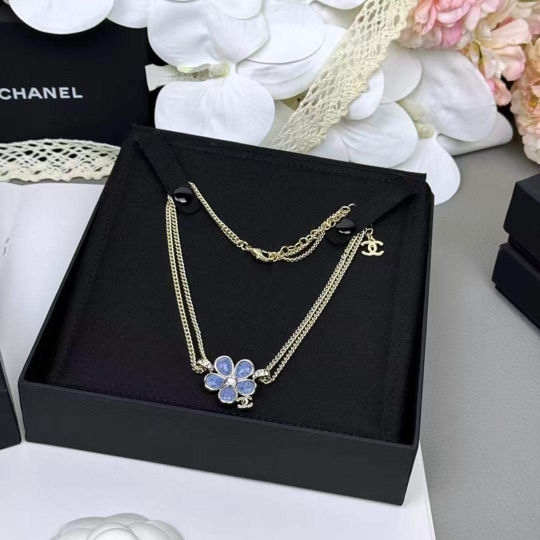 CHANE1 ブルーフラワー ダブルC ブレスレット + ネックレス 2点セット【50％割引+送料無料】