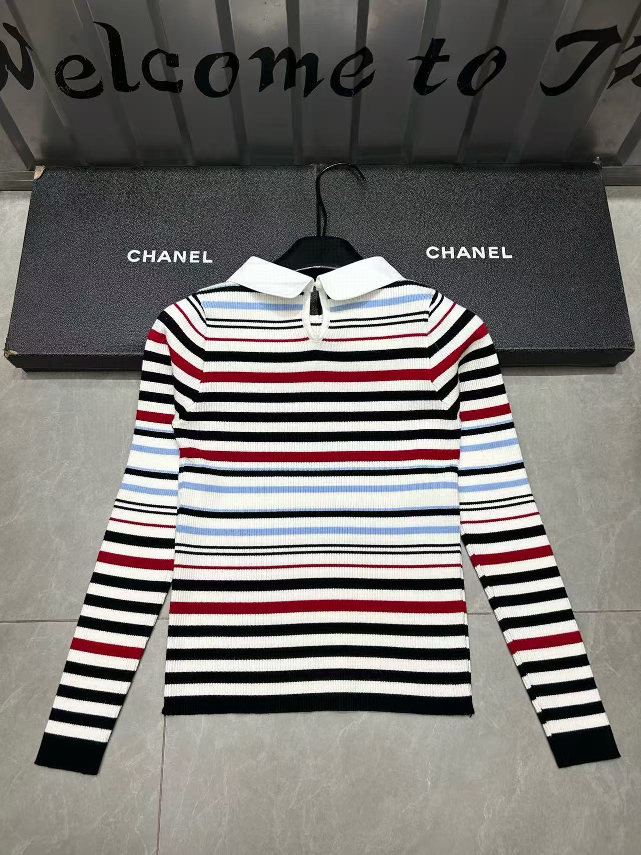 CHANE1 ダブルCネック ストライプセーター【50％割引+送料無料】