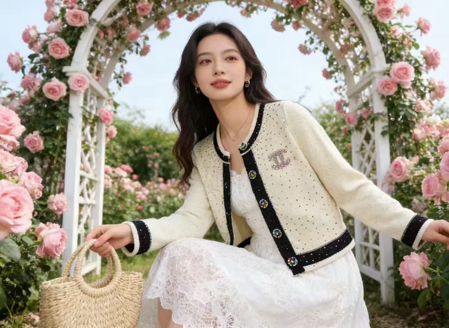 CHANE1ブローチとラインストーン付きウールカーディガン【50％割引+送料無料】