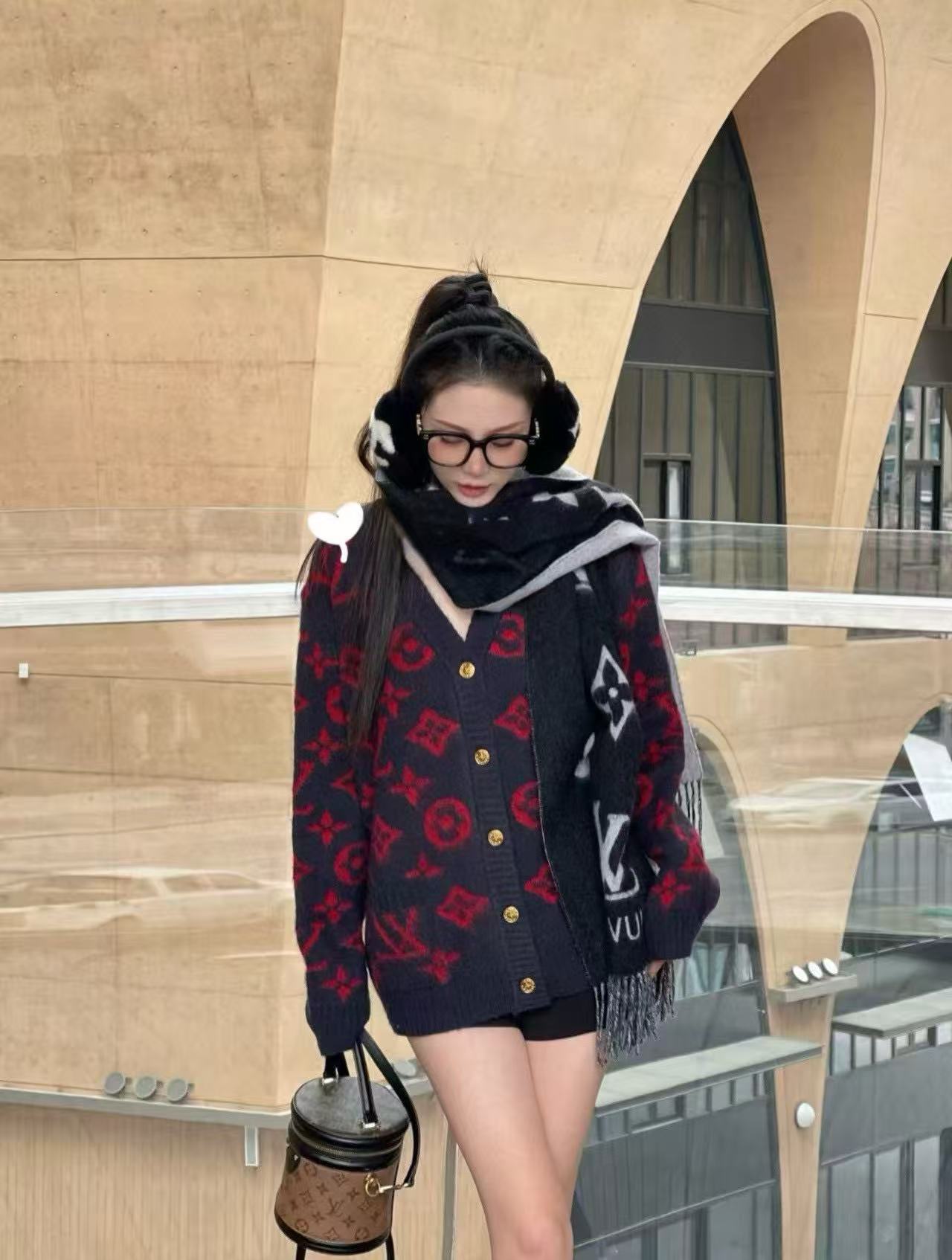 LVプリント Vネック ウールカーディガン【50％割引+送料無料】