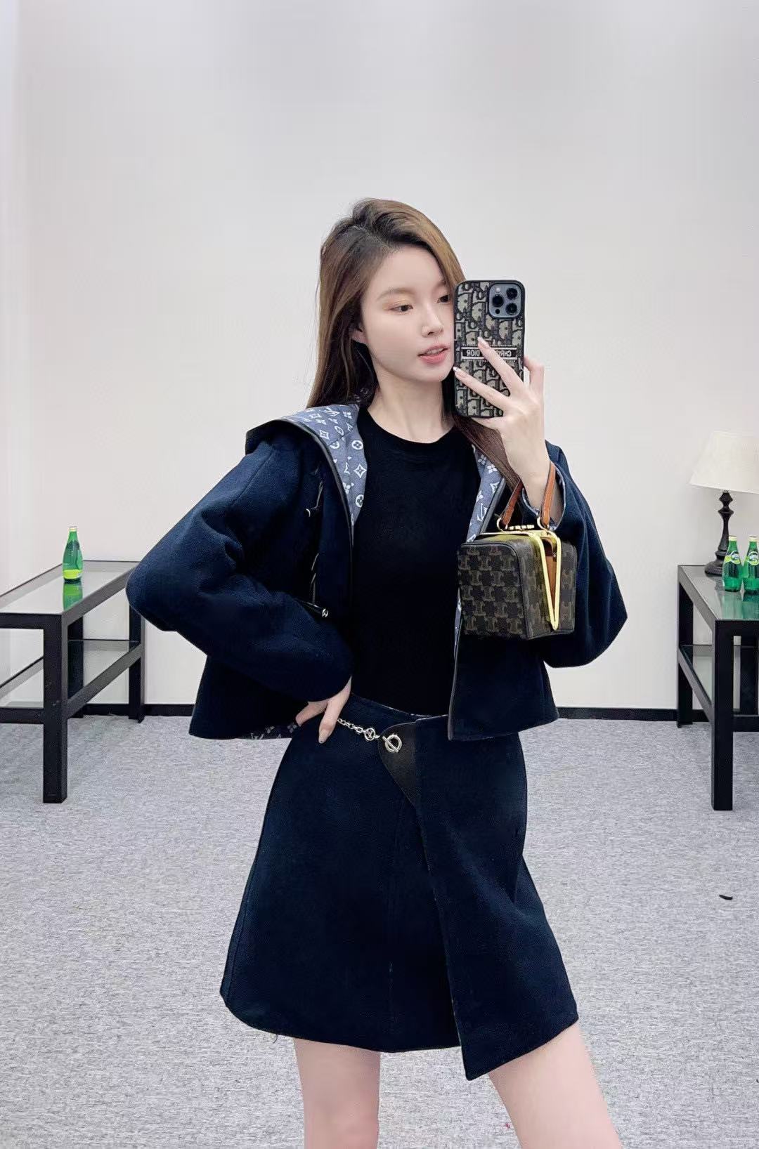 LVフード付きウールコート+スカートのツーピースセット【50％割引+送料無料】