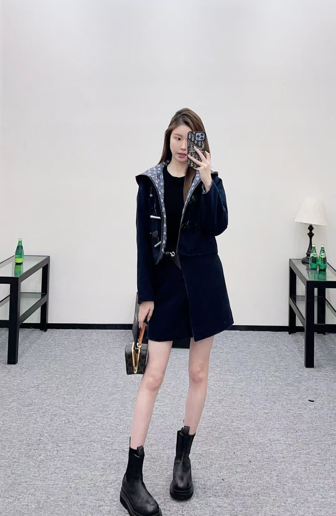 LVフード付きウールコート+スカートのツーピースセット【50％割引+送料無料】