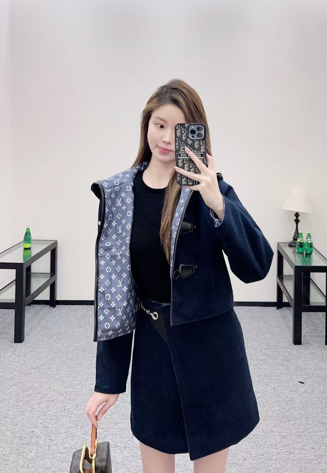 LVフード付きウールコート+スカートのツーピースセット【50％割引+送料無料】