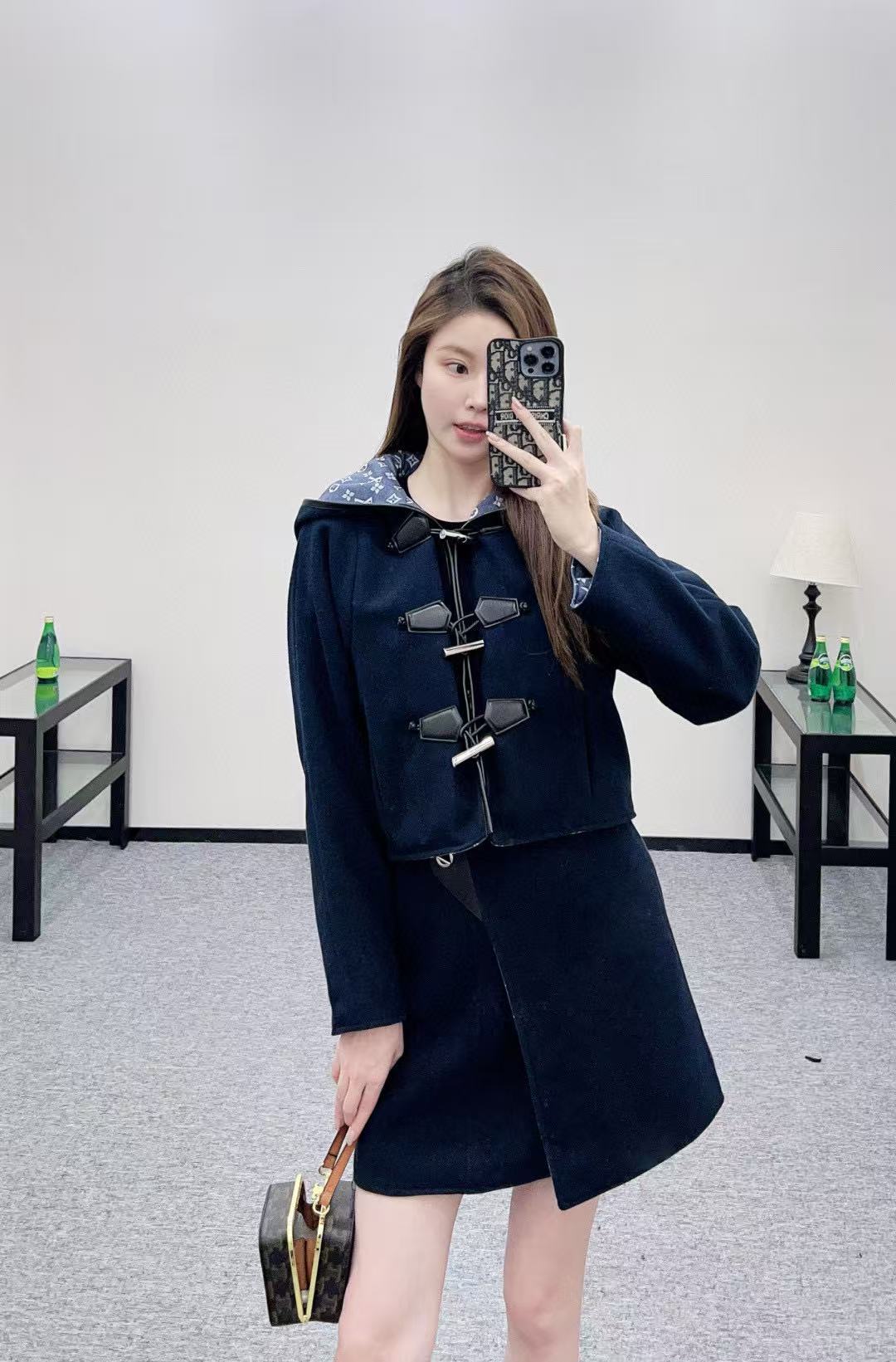 LVフード付きウールコート+スカートのツーピースセット【50％割引+送料無料】