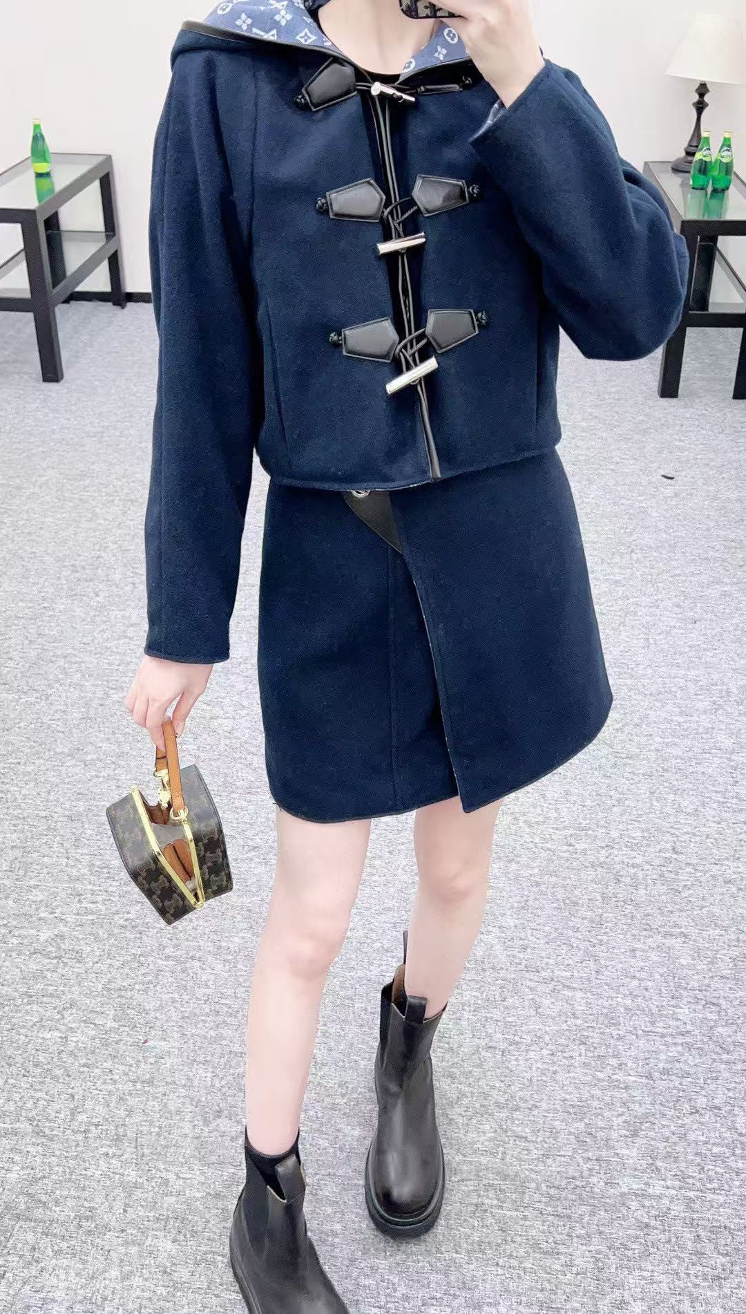 LVフード付きウールコート+スカートのツーピースセット【50％割引+送料無料】