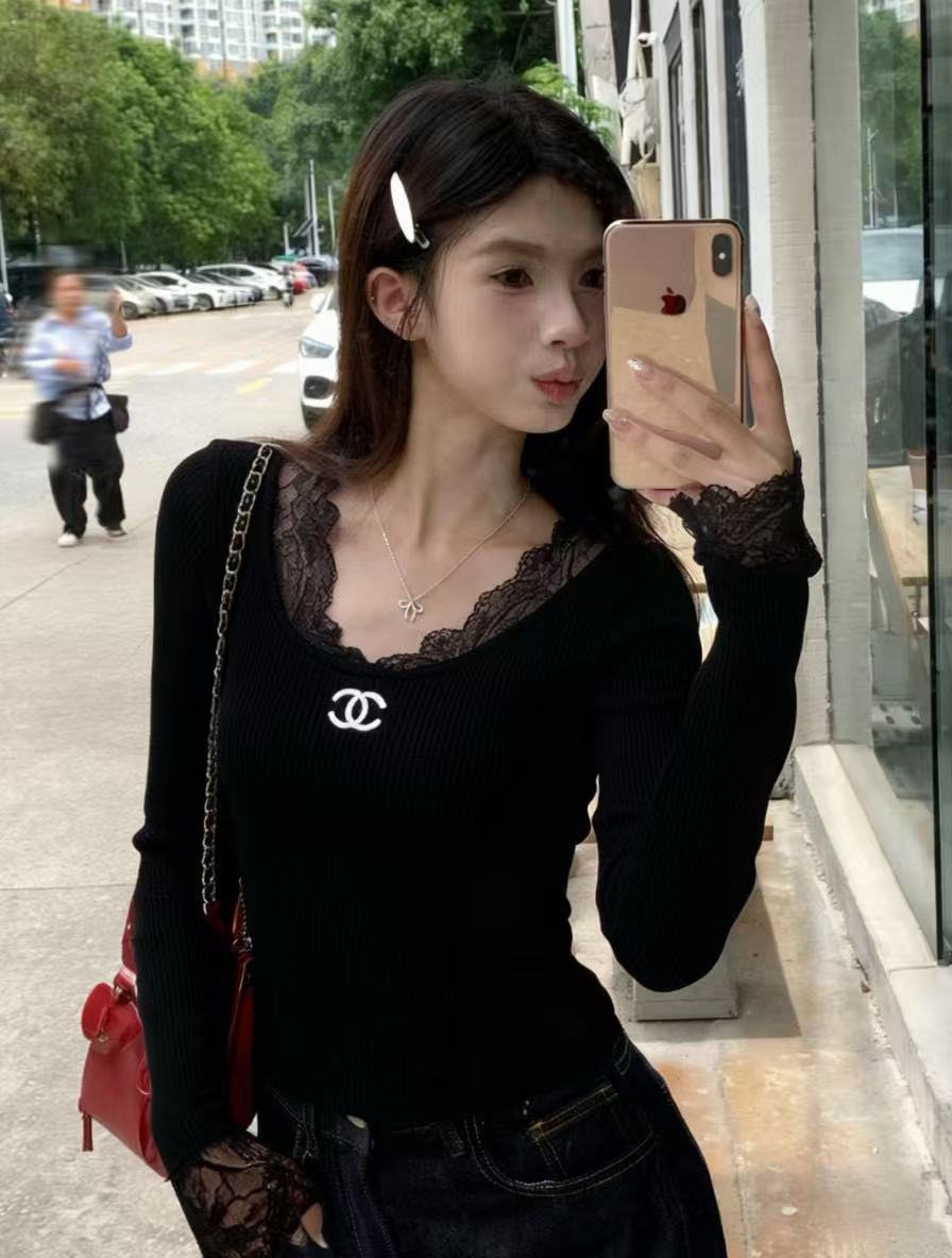 CHANE1 ダブルC レース Vネック ウールTシャツ【50％割引+送料無料】