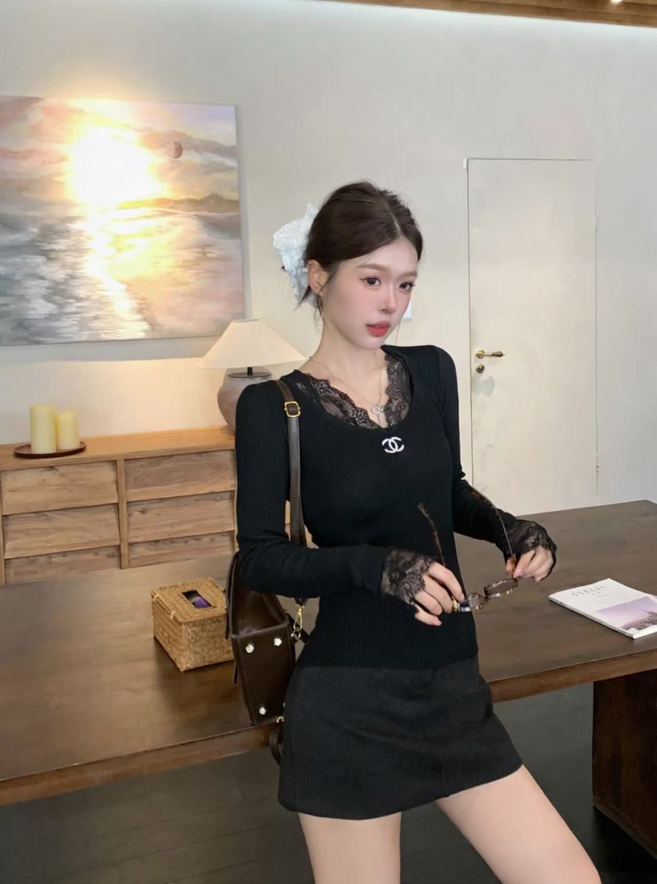 CHANE1 ダブルC レース Vネック ウールTシャツ【50％割引+送料無料】