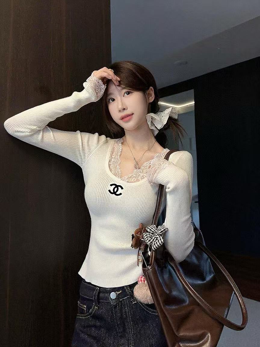 CHANE1 ダブルC レース Vネック ウールTシャツ【50％割引+送料無料】