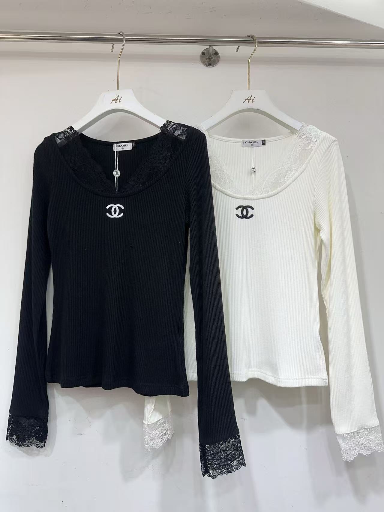 CHANE1 ダブルC レース Vネック ウールTシャツ【50％割引+送料無料】