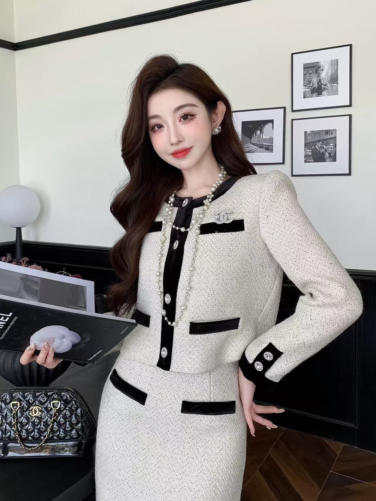 CHANE1 高品質ブローチジャケット+スカート ツーピースセット【50％割引+送料無料】