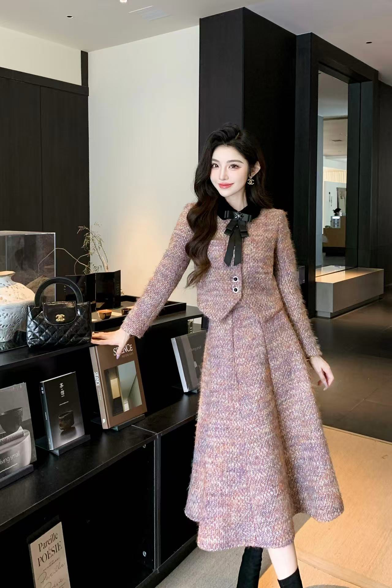 CHANE1 上質なカラーブロックジャケット+スカートのツーピースセット【50％割引+送料無料】