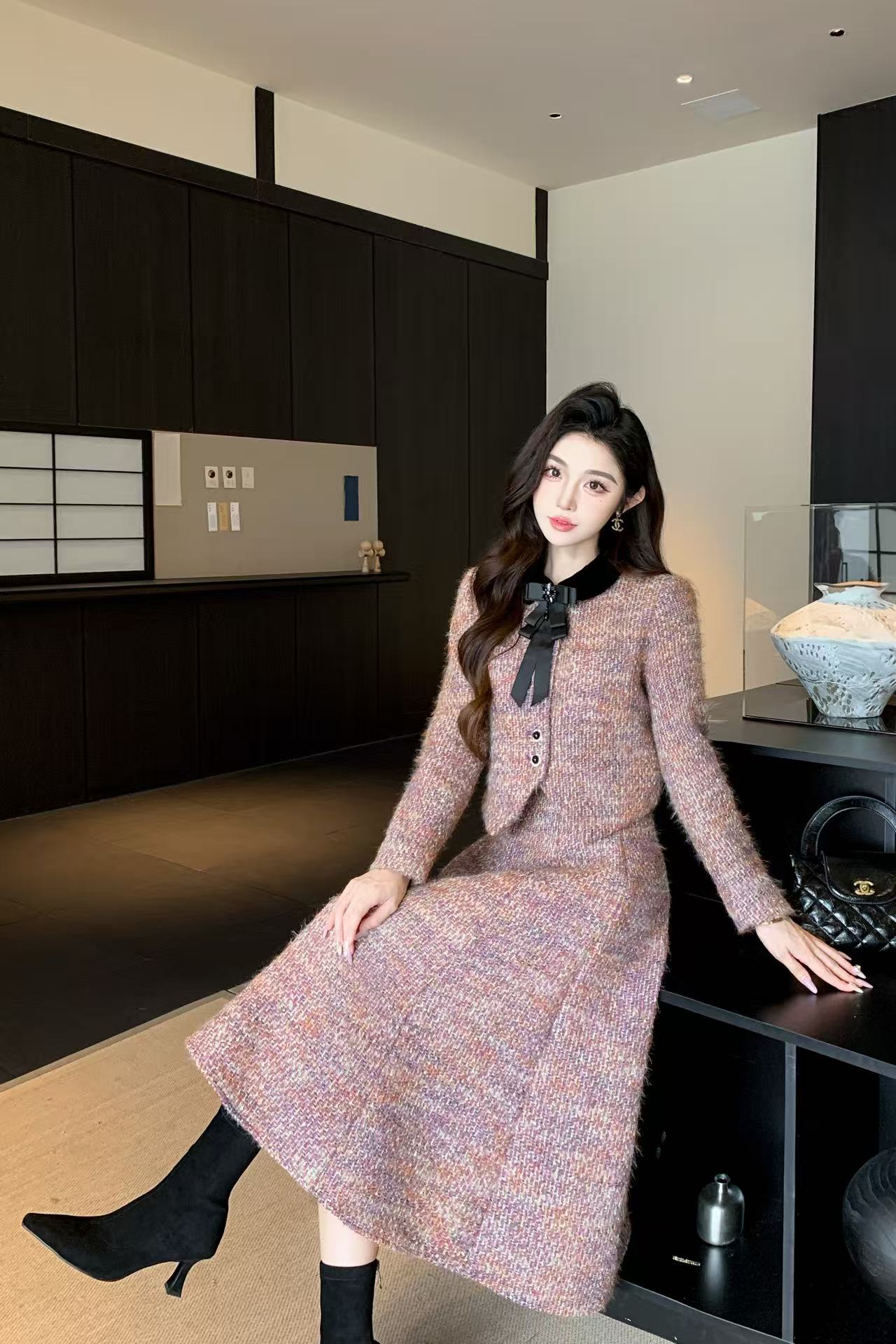 CHANE1 上質なカラーブロックジャケット+スカートのツーピースセット【50％割引+送料無料】