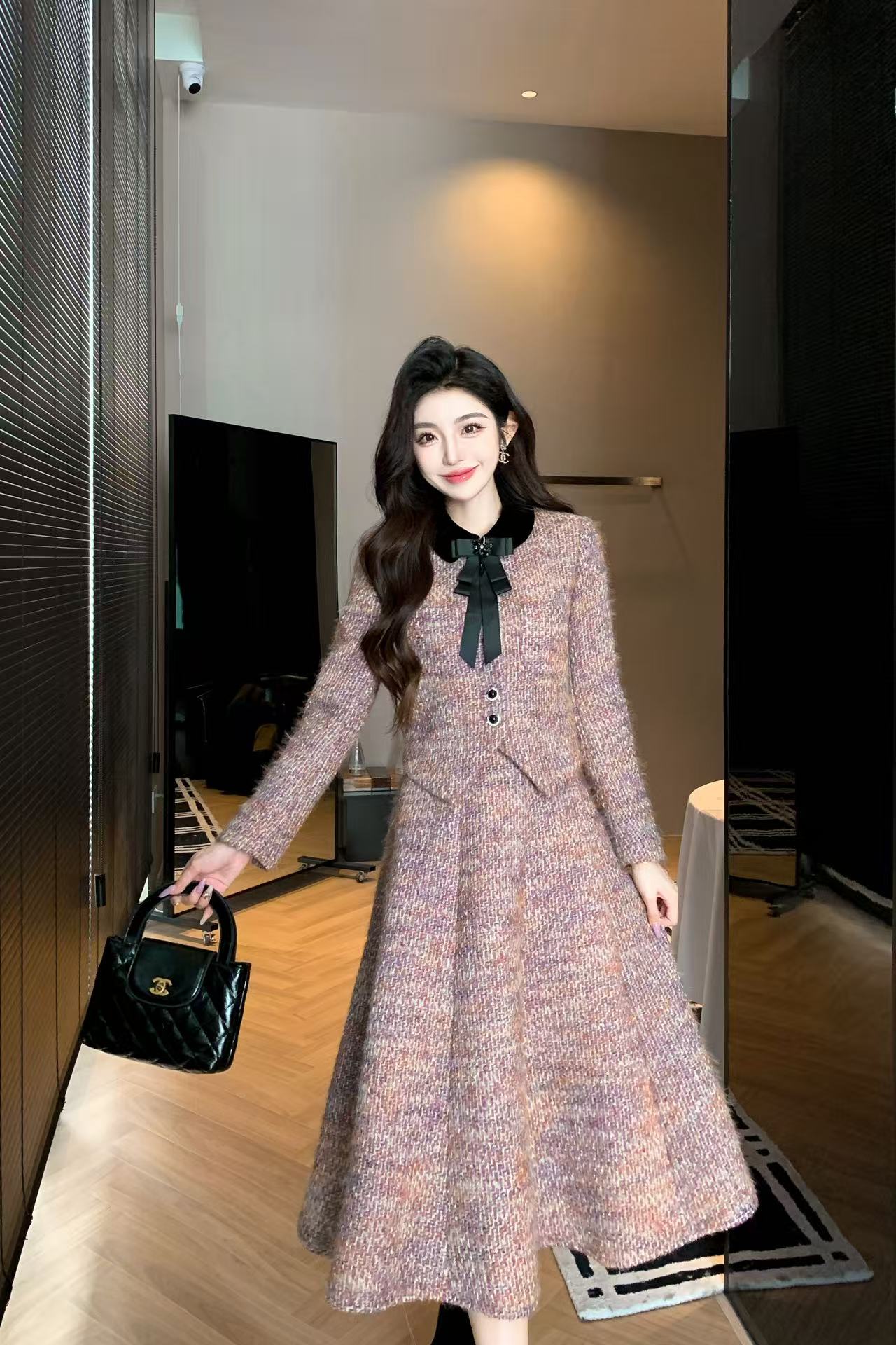 CHANE1 上質なカラーブロックジャケット+スカートのツーピースセット【50％割引+送料無料】