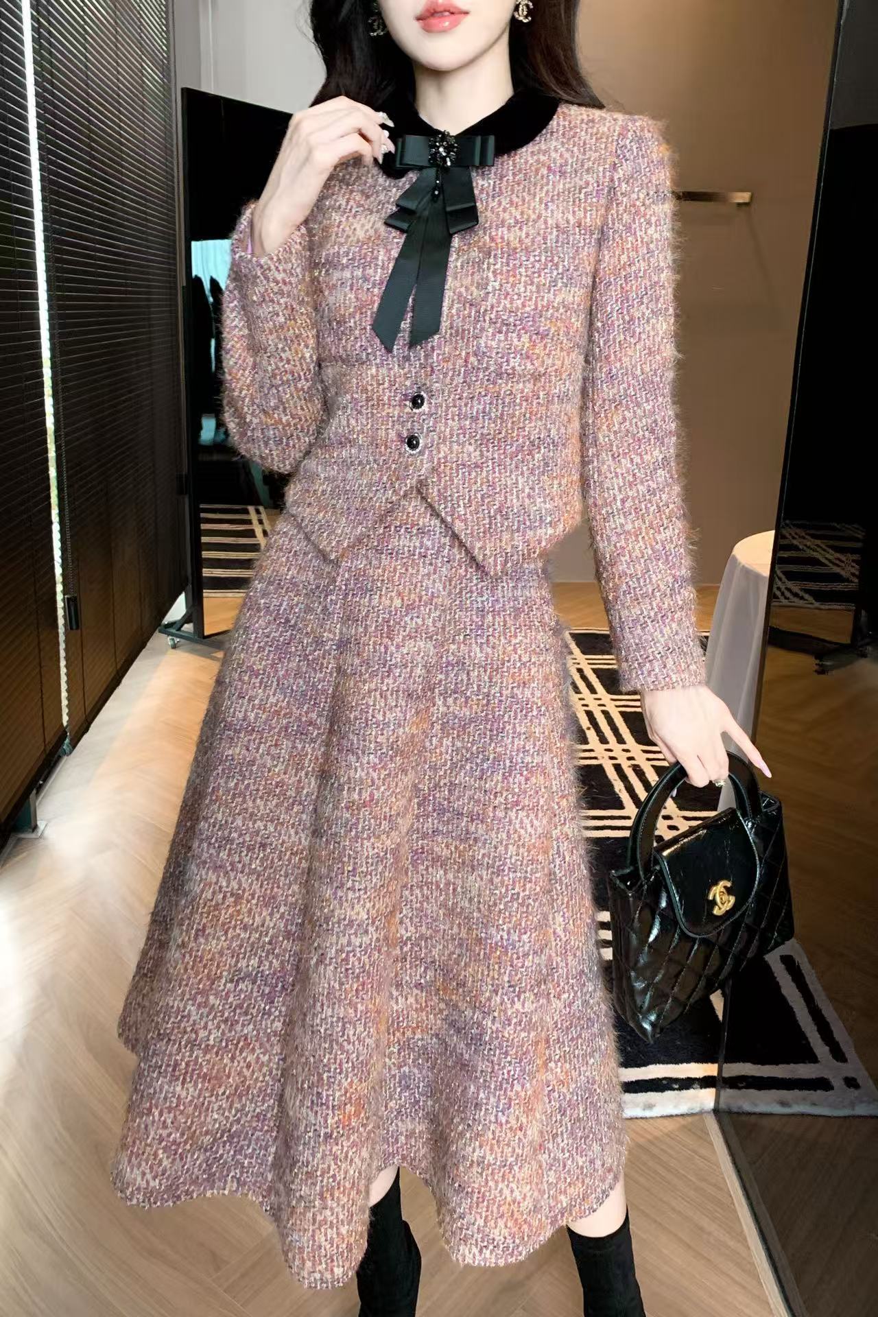 CHANE1 上質なカラーブロックジャケット+スカートのツーピースセット【50％割引+送料無料】