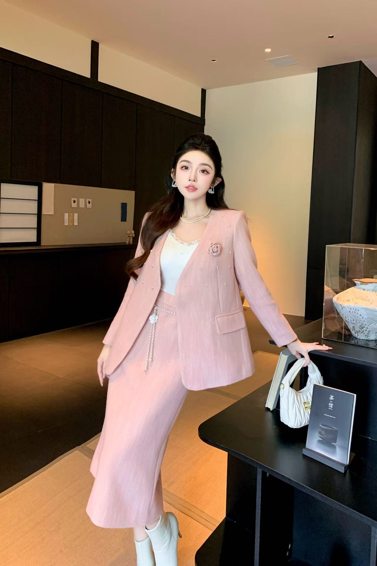 CHANE1 高品質ビーズブレザー+スカート ツーピースセット【50％割引+送料無料】