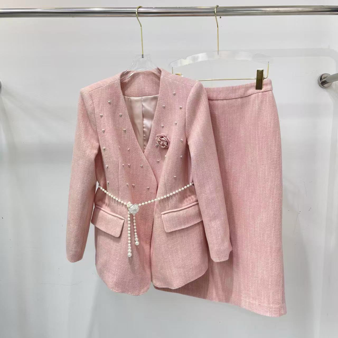 CHANE1 高品質ビーズブレザー+スカート ツーピースセット【50％割引+送料無料】