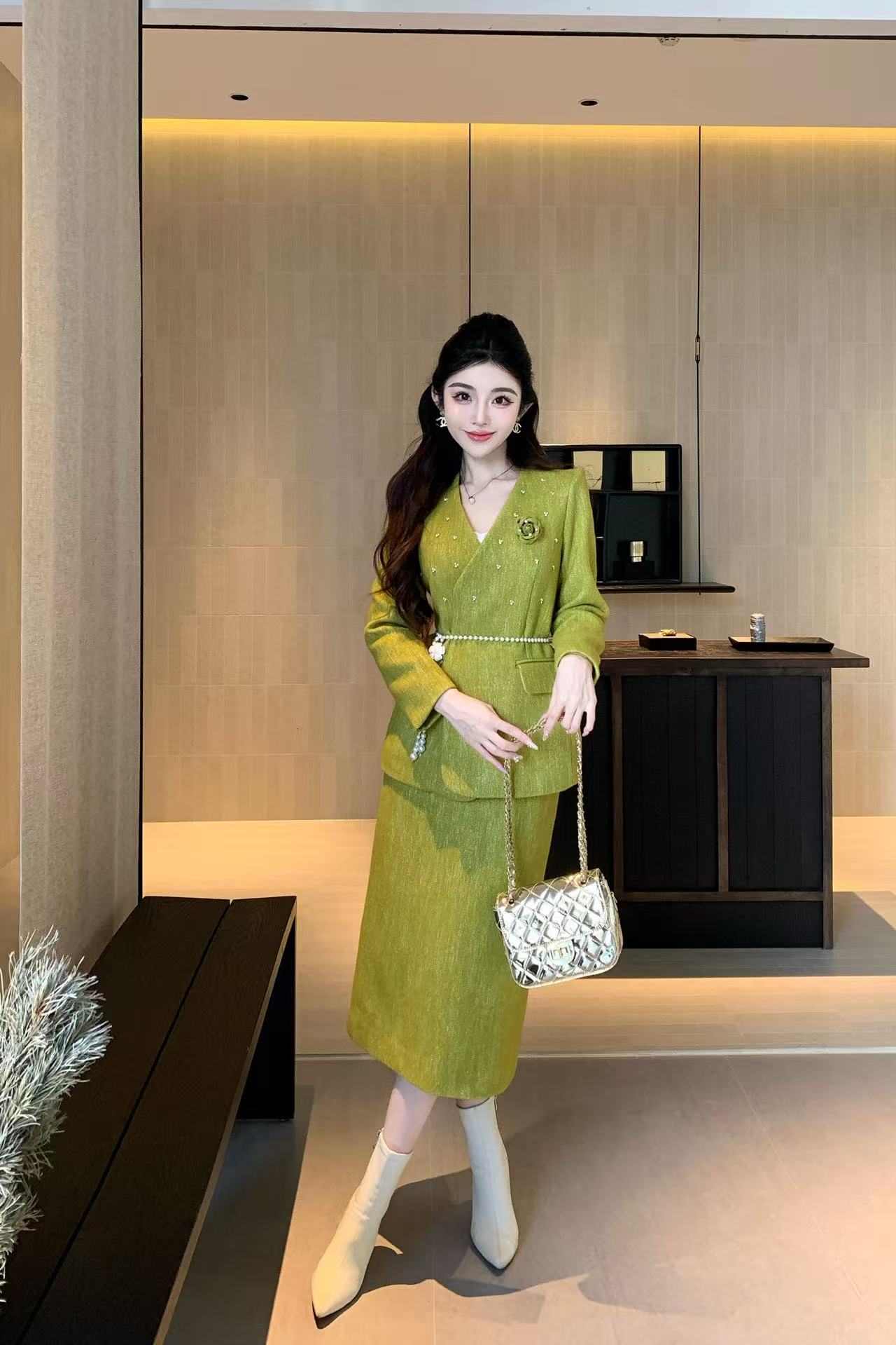 CHANE1 高品質ビーズブレザー+スカート ツーピースセット【50％割引+送料無料】