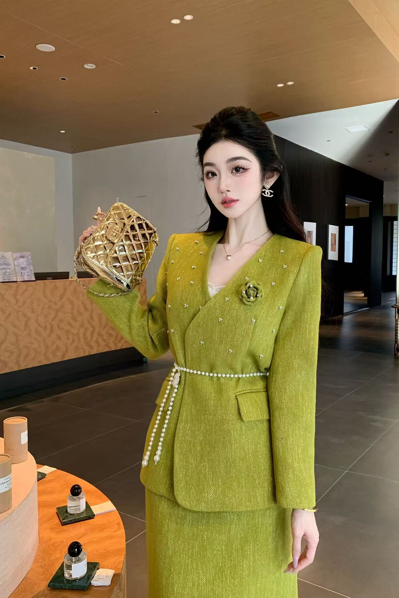 CHANE1 高品質ビーズブレザー+スカート ツーピースセット【50％割引+送料無料】