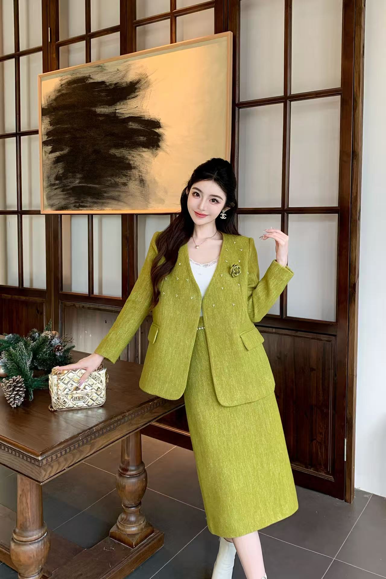 CHANE1 高品質ビーズブレザー+スカート ツーピースセット【50％割引+送料無料】