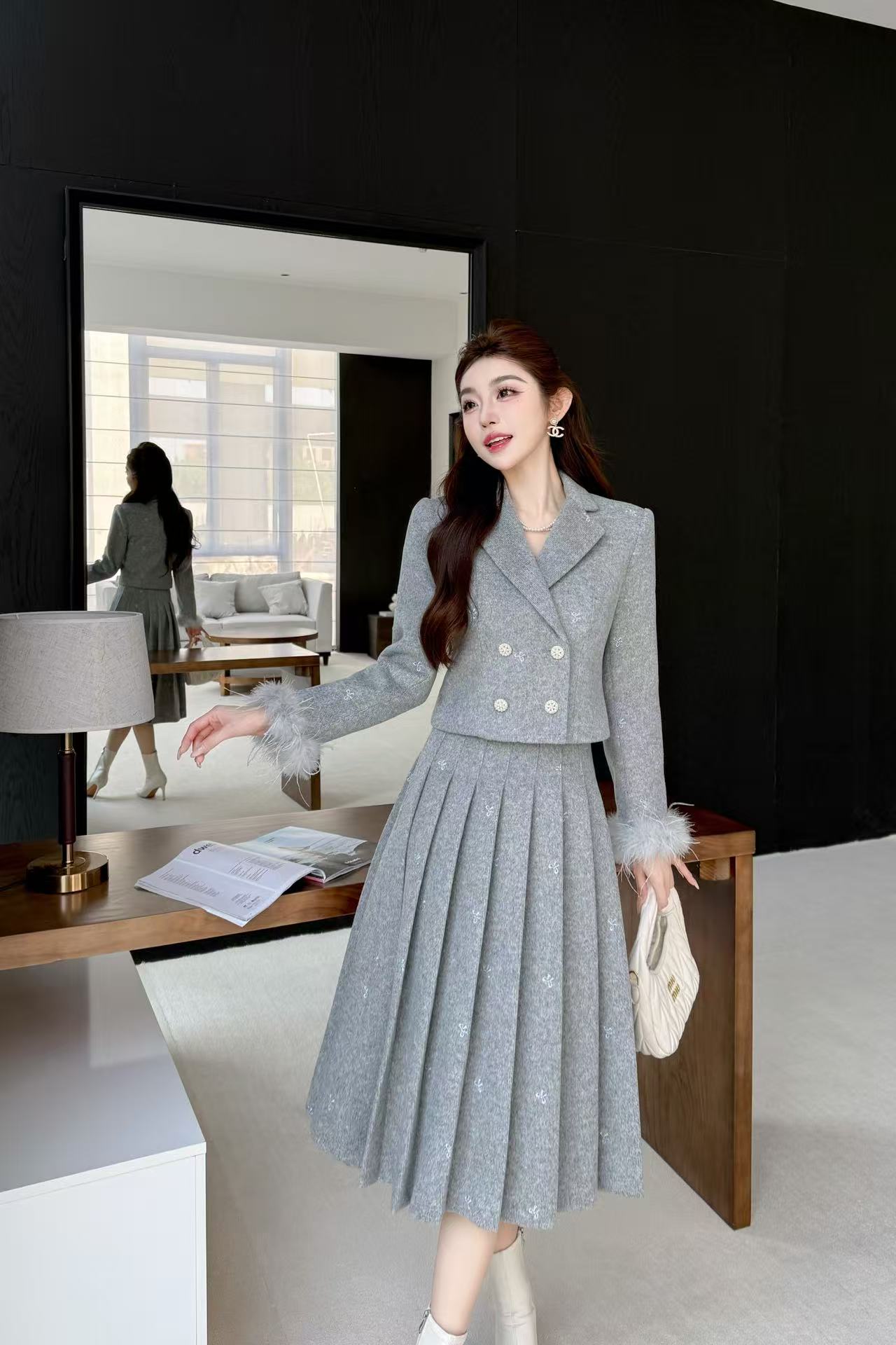 CHANE1高品質ダブルブレストスーツジャケット＋スカートのツーピースセット【50％割引+送料無料】