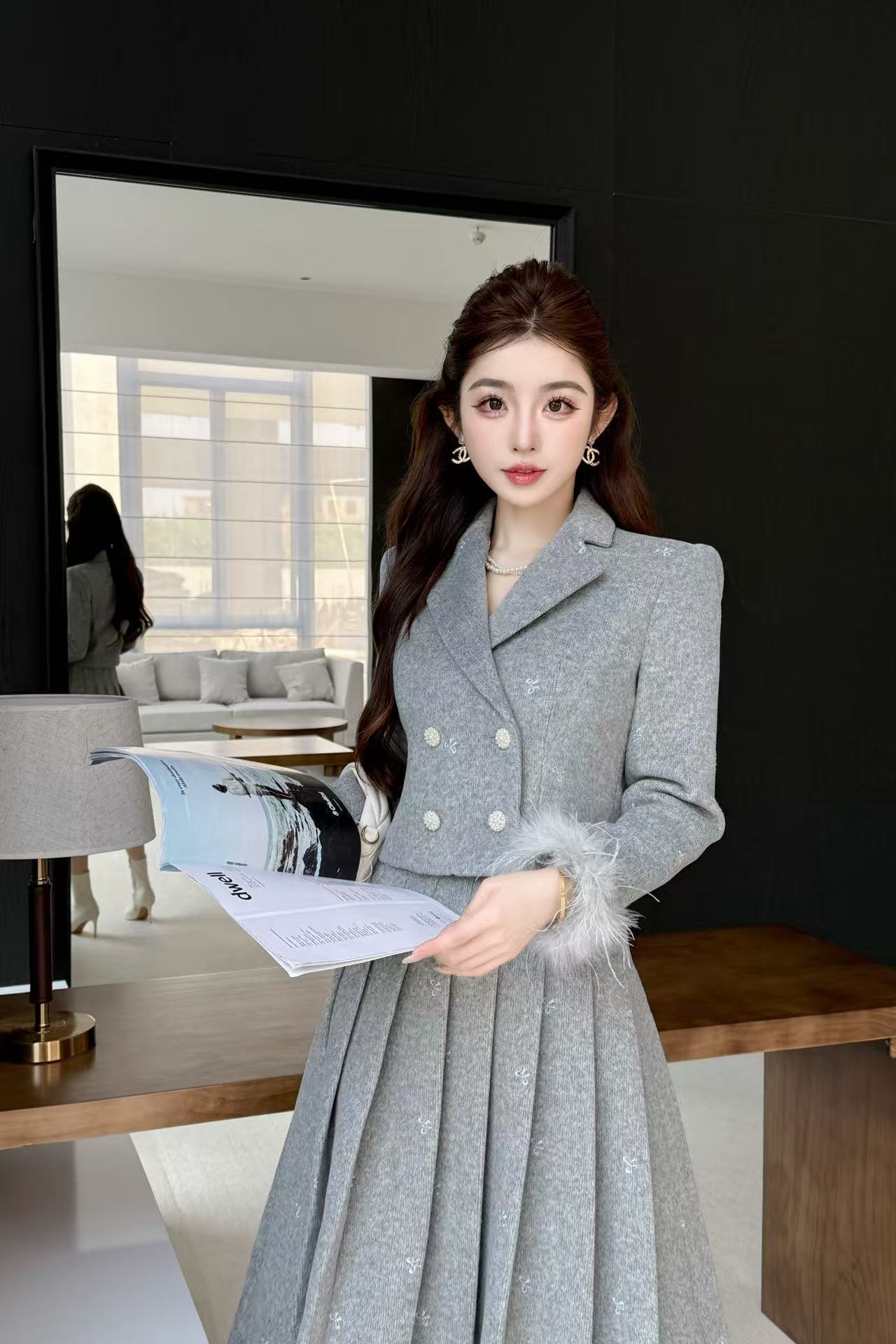 CHANE1高品質ダブルブレストスーツジャケット＋スカートのツーピースセット【50％割引+送料無料】