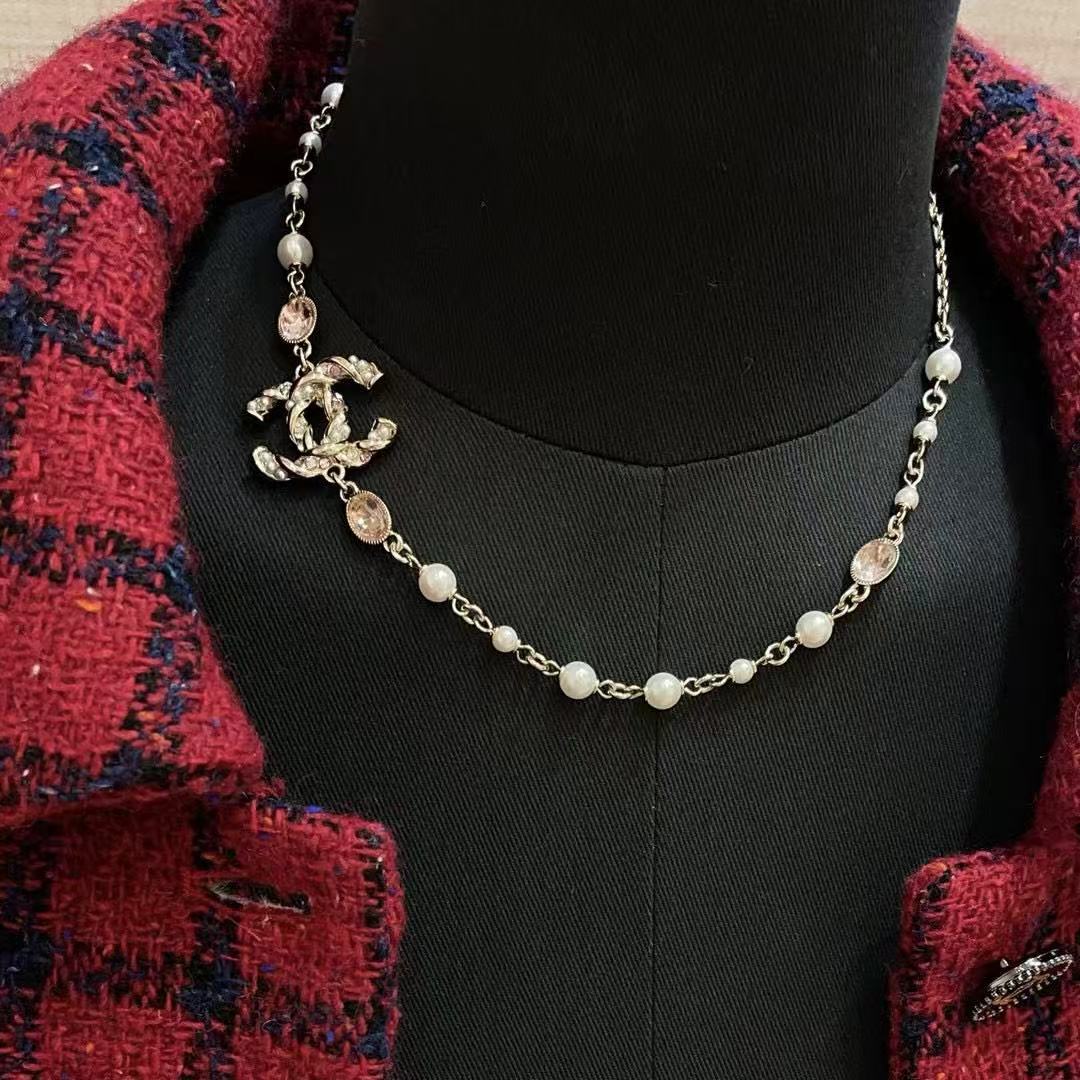 CHANE1 ピンクジェムストーンツイストダブルCネックレス【50％割引+送料無料】