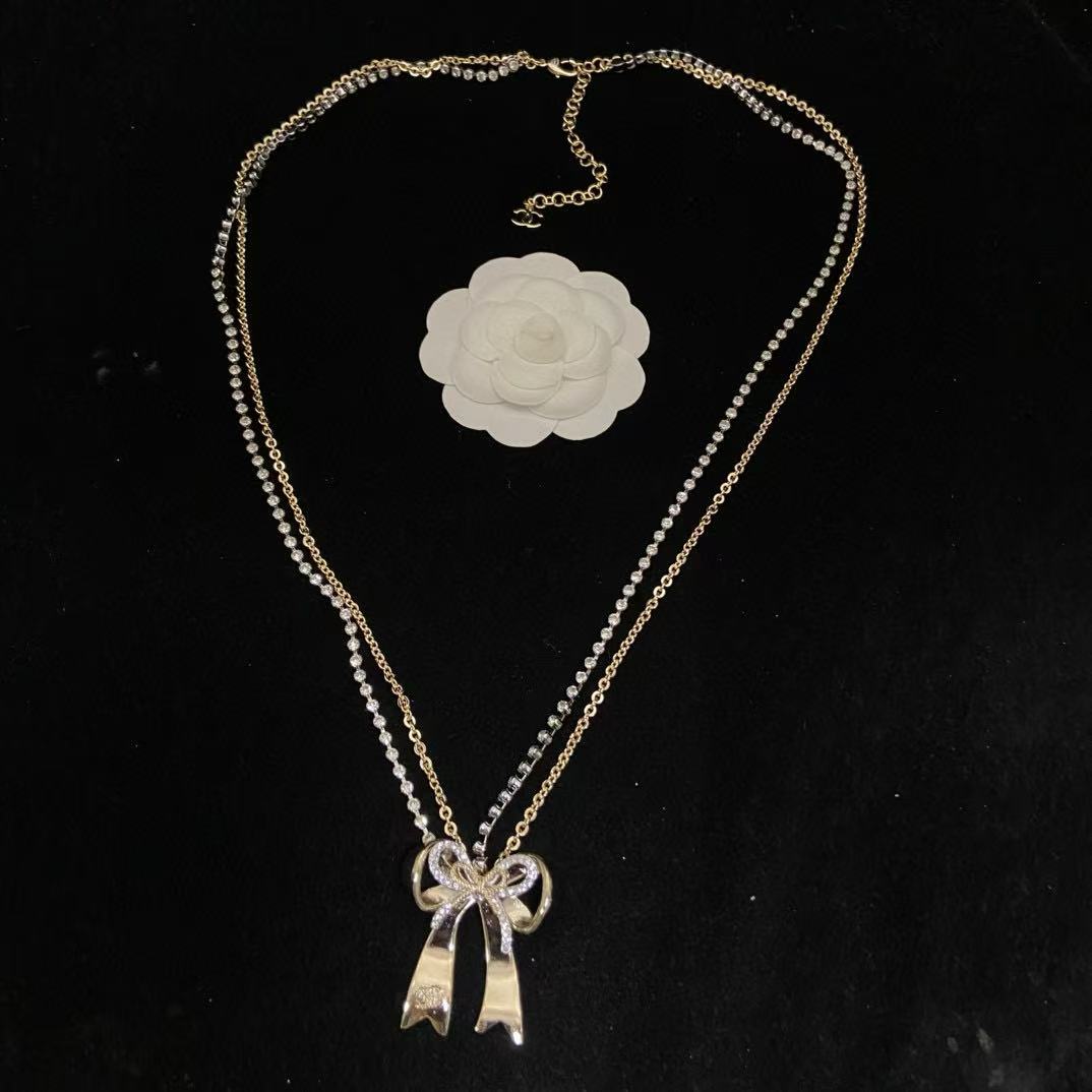 CHANE1 ダイヤモンドスタッズボウ 2層ネックレス【50％割引+送料無料】