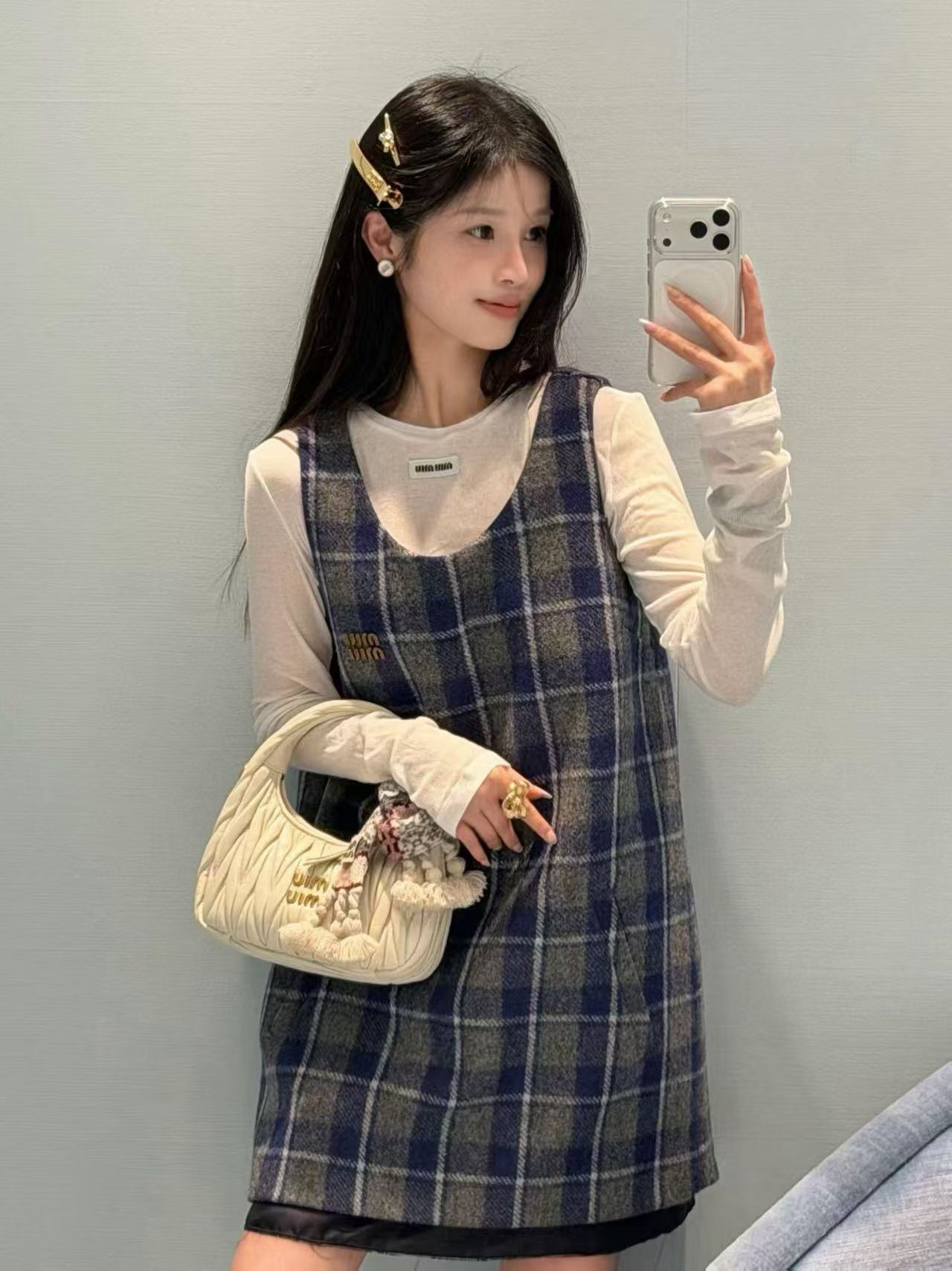 M1UM1U チェック柄ウール ノースリーブドレス【50％割引+送料無料】