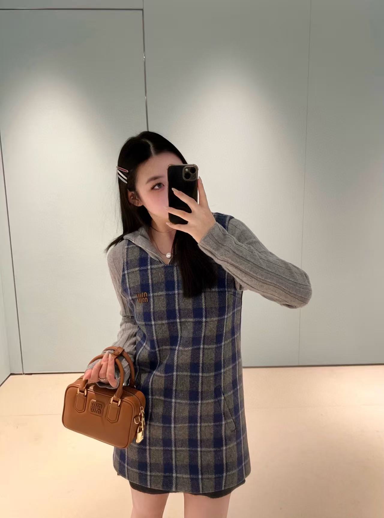 M1UM1U チェック柄ウール ノースリーブドレス【50％割引+送料無料】