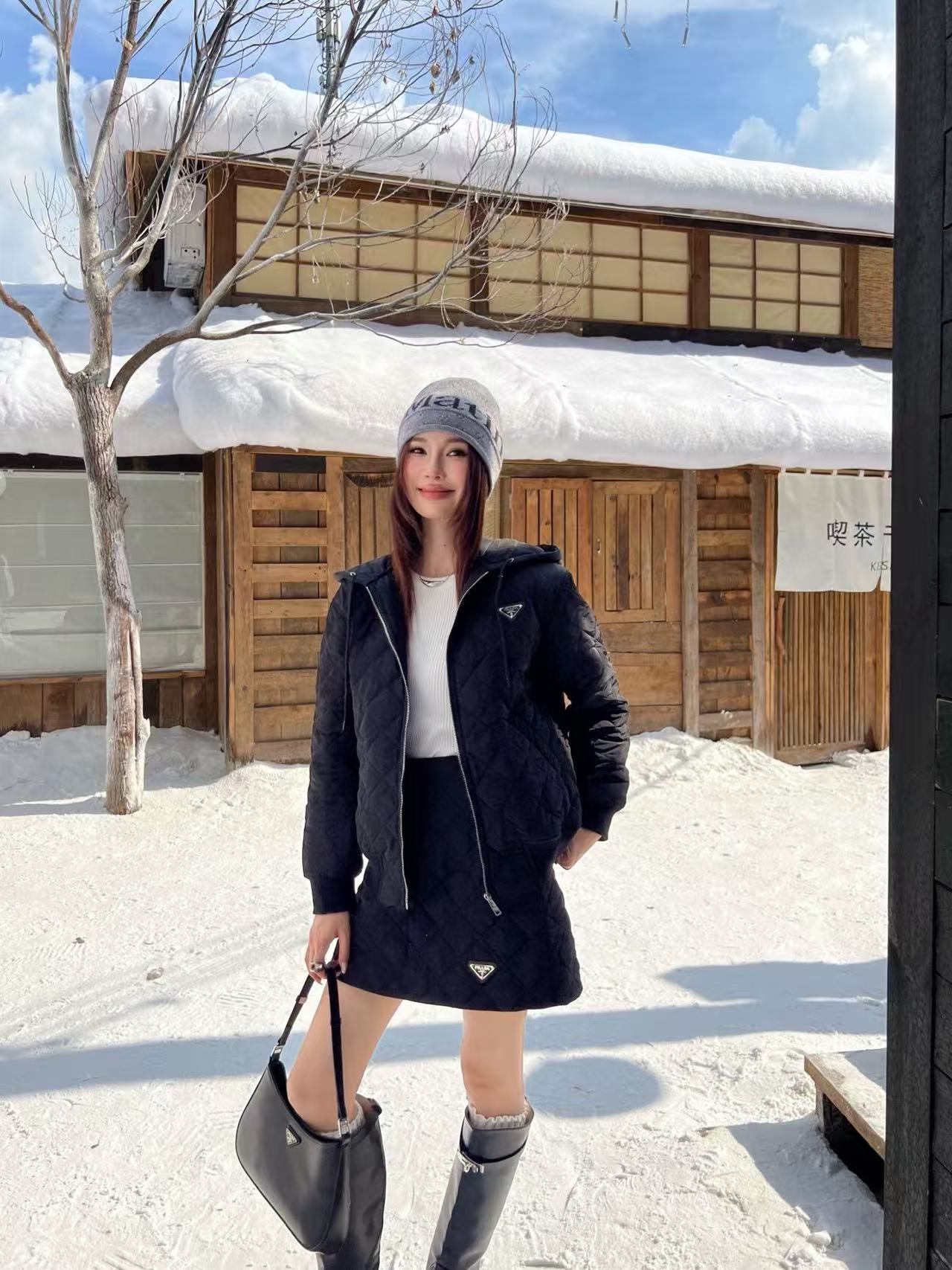 PR4DAフード付きチェックジャケット+スカート ツーピースセット【50％割引+送料無料】