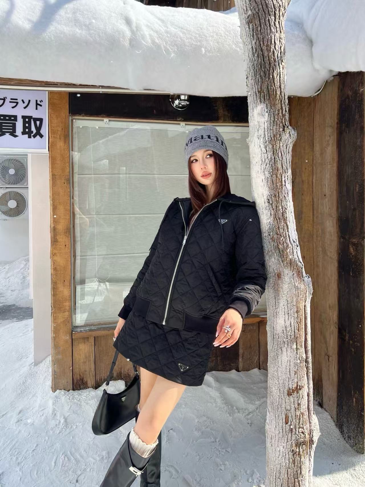 PR4DAフード付きチェックジャケット+スカート ツーピースセット【50％割引+送料無料】