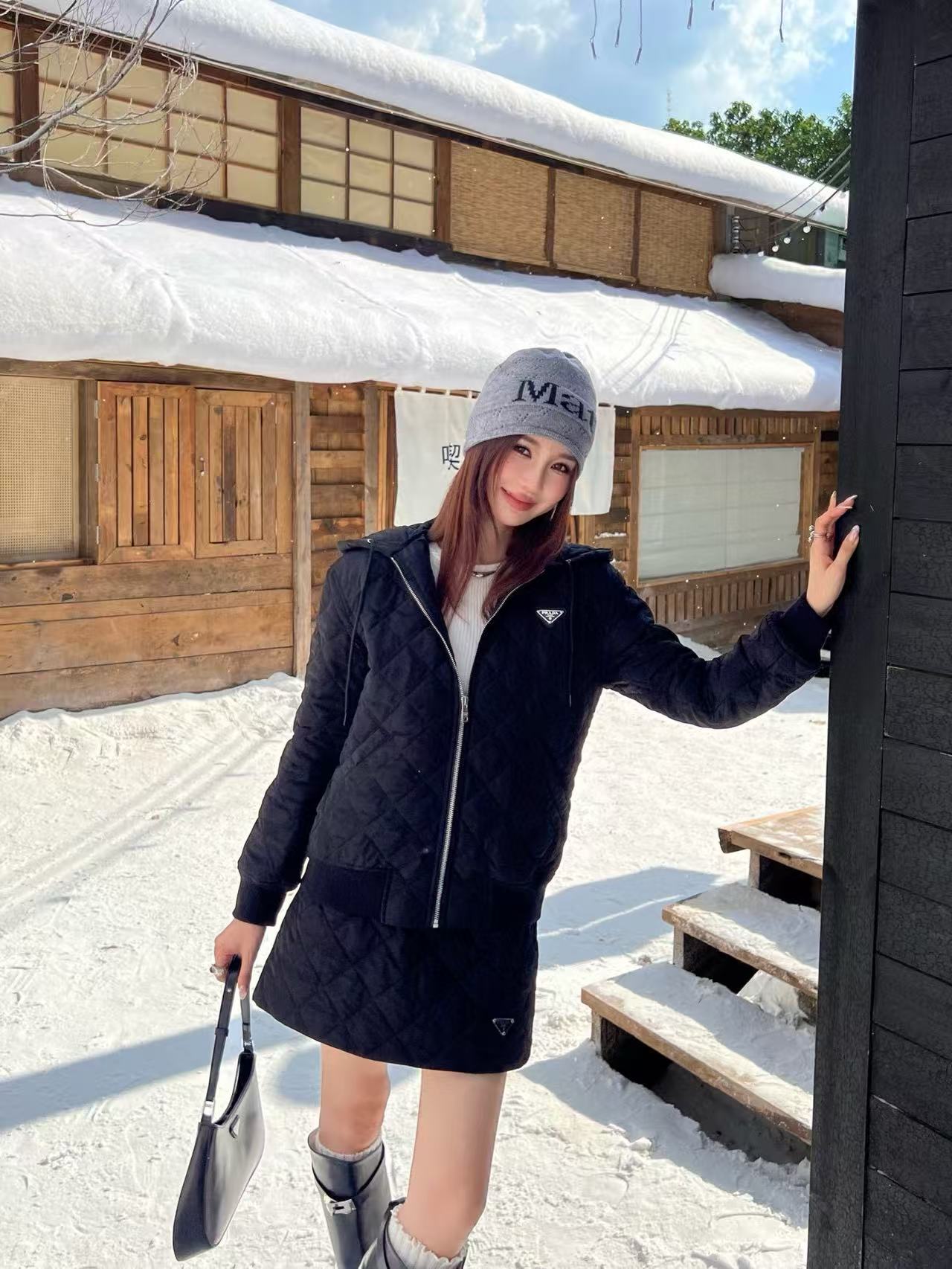 PR4DAフード付きチェックジャケット+スカート ツーピースセット【50％割引+送料無料】