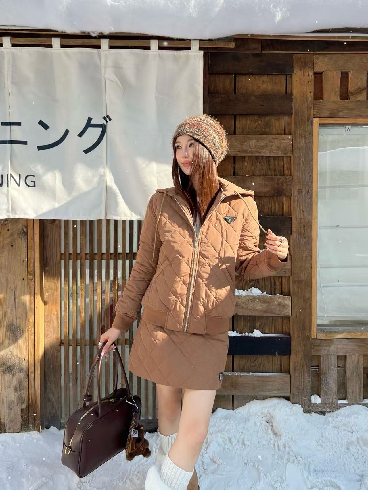 PR4DAフード付きチェックジャケット+スカート ツーピースセット【50％割引+送料無料】