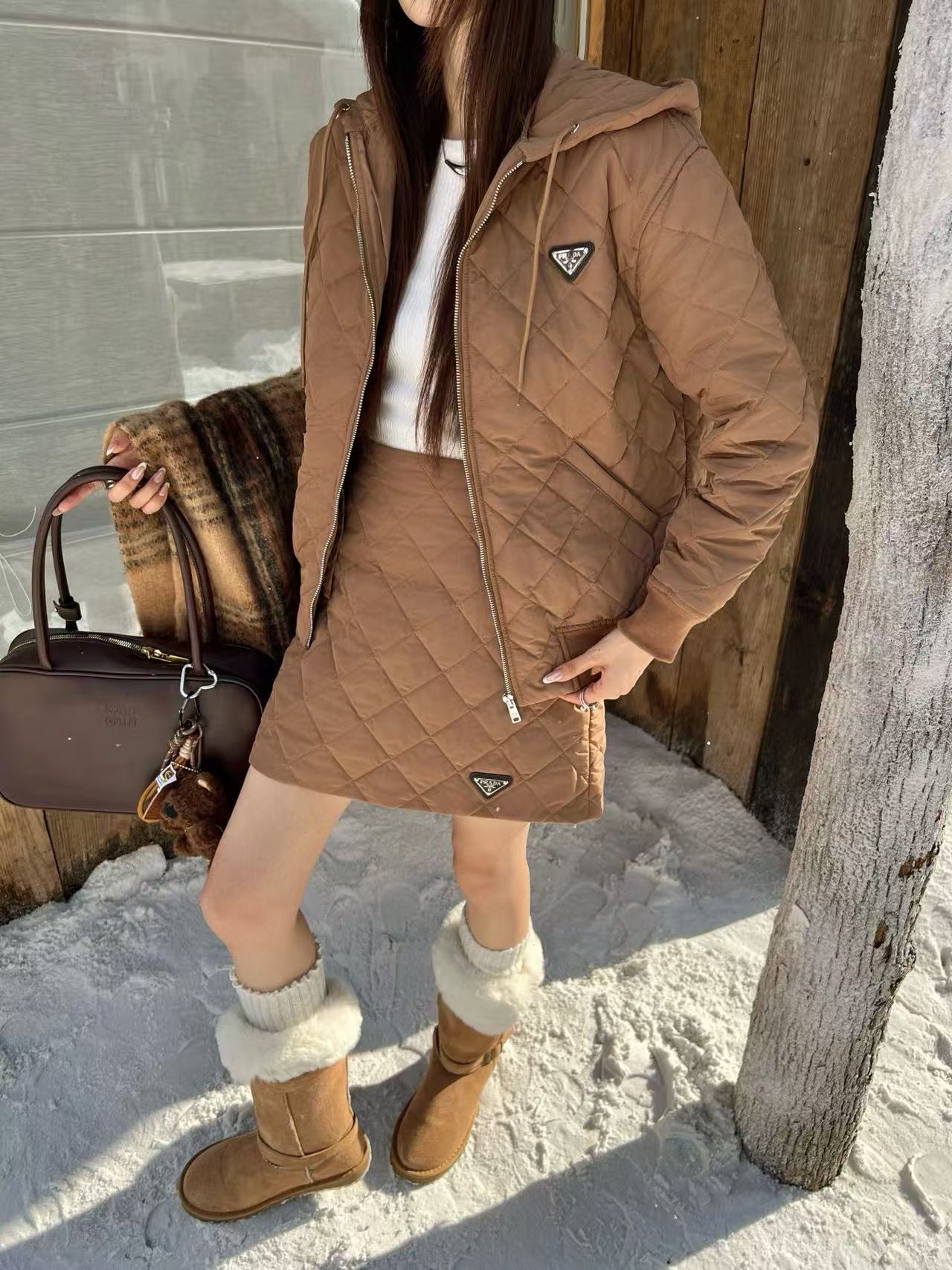 PR4DAフード付きチェックジャケット+スカート ツーピースセット【50％割引+送料無料】