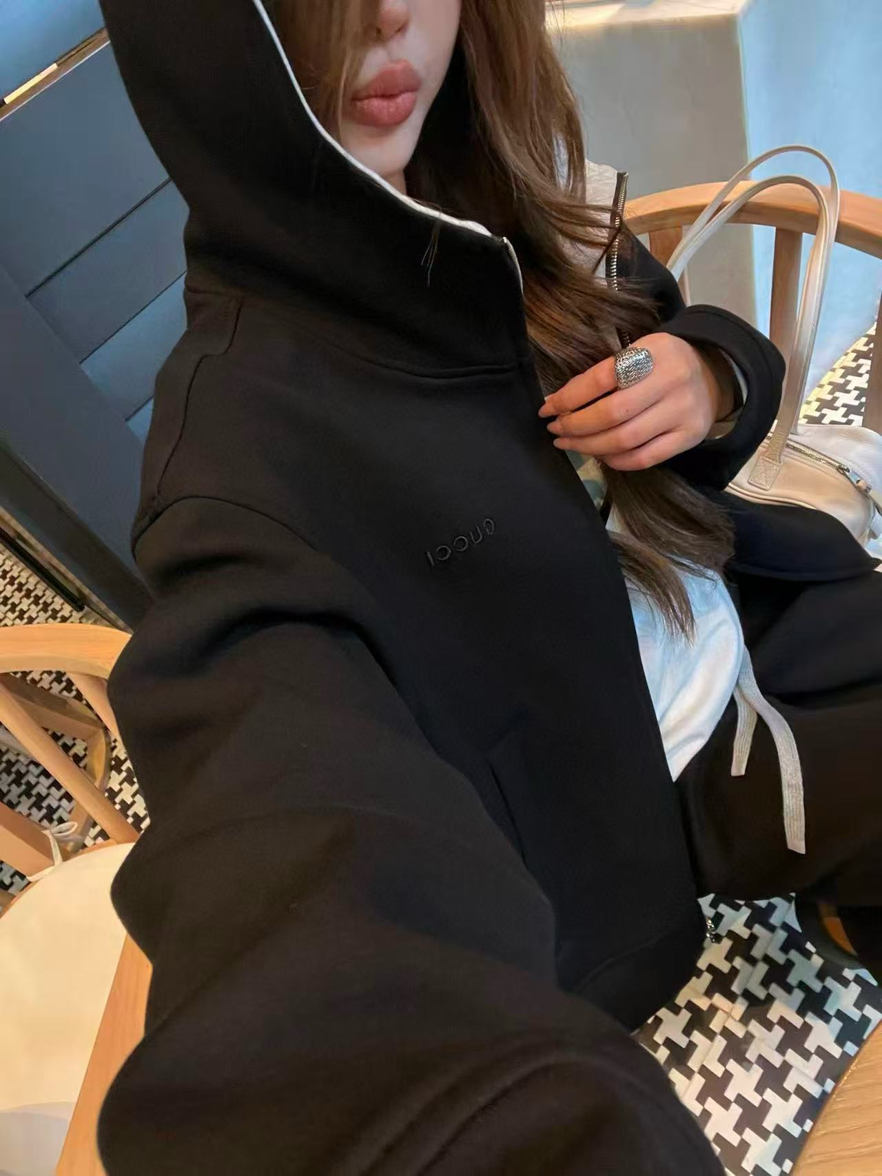 LVフード付きジップアップジャケット+ワイドレッグパンツのツーピースセット【50％割引+送料無料】