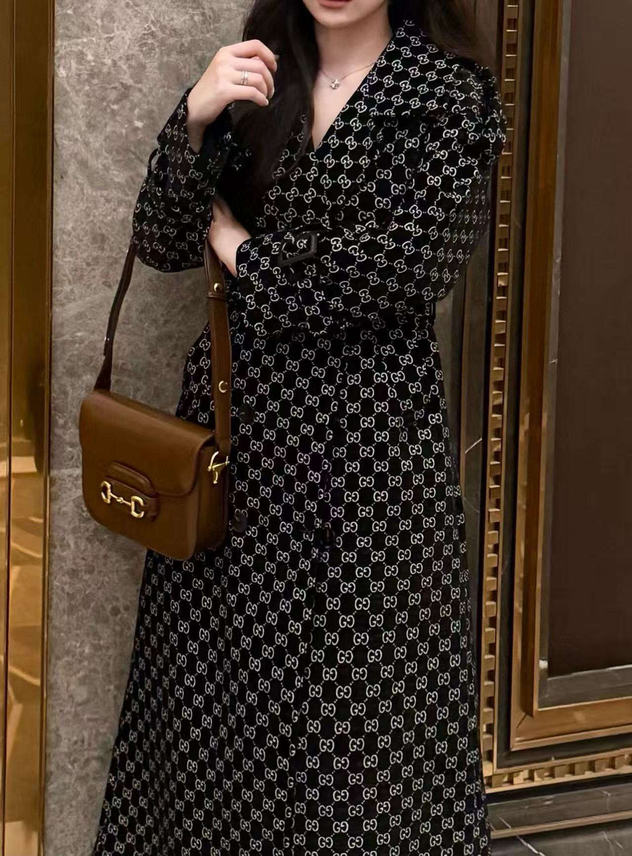 GUCC1 ジャカードラペルロングコート【50％割引+送料無料】