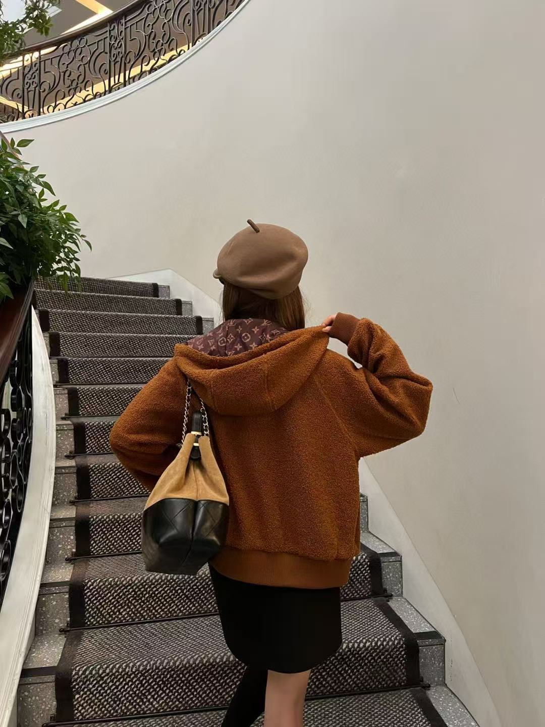 LV フード付きドローストリングシアリングジッパージャケット【50％割引+送料無料】