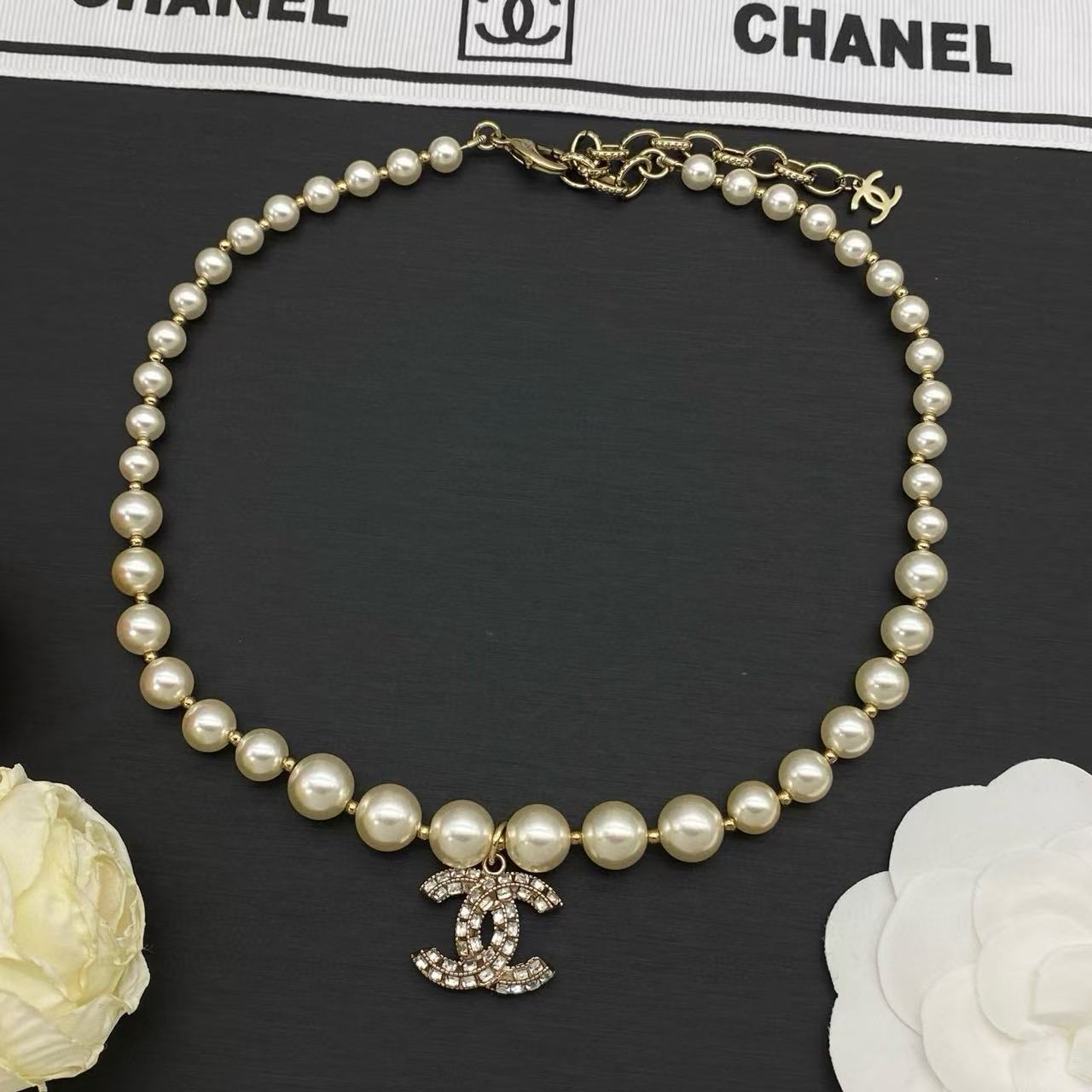 CHANE1 ダブルC パール＆ダイヤモンドネックレス【50％割引+送料無料】
