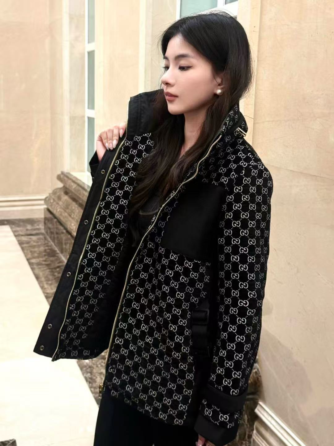 GUCC1 ジャカード スタンドカラー ベルト付きジャケット + パンツ ツーピースセット【50％割引+送料無料】